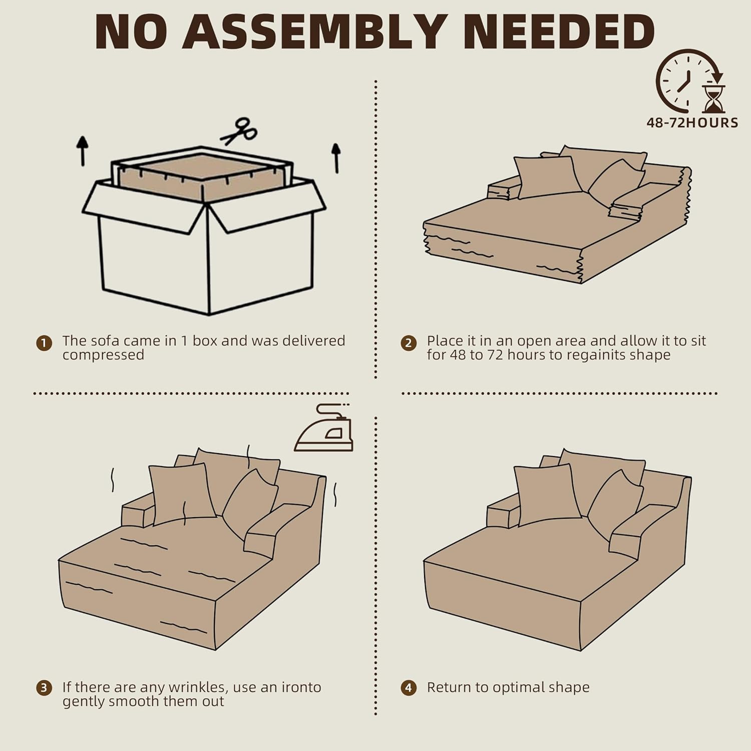 NO ASSEMBLY NEEDED

1. The sofa came in 1 box and was delivered compressed

2. Place it in an open area and allow it to sit for 48 to 72 hours to regain its shape

3. If there are any wrinkles, use an iron to gently smooth them out

4. Return to optimal shape