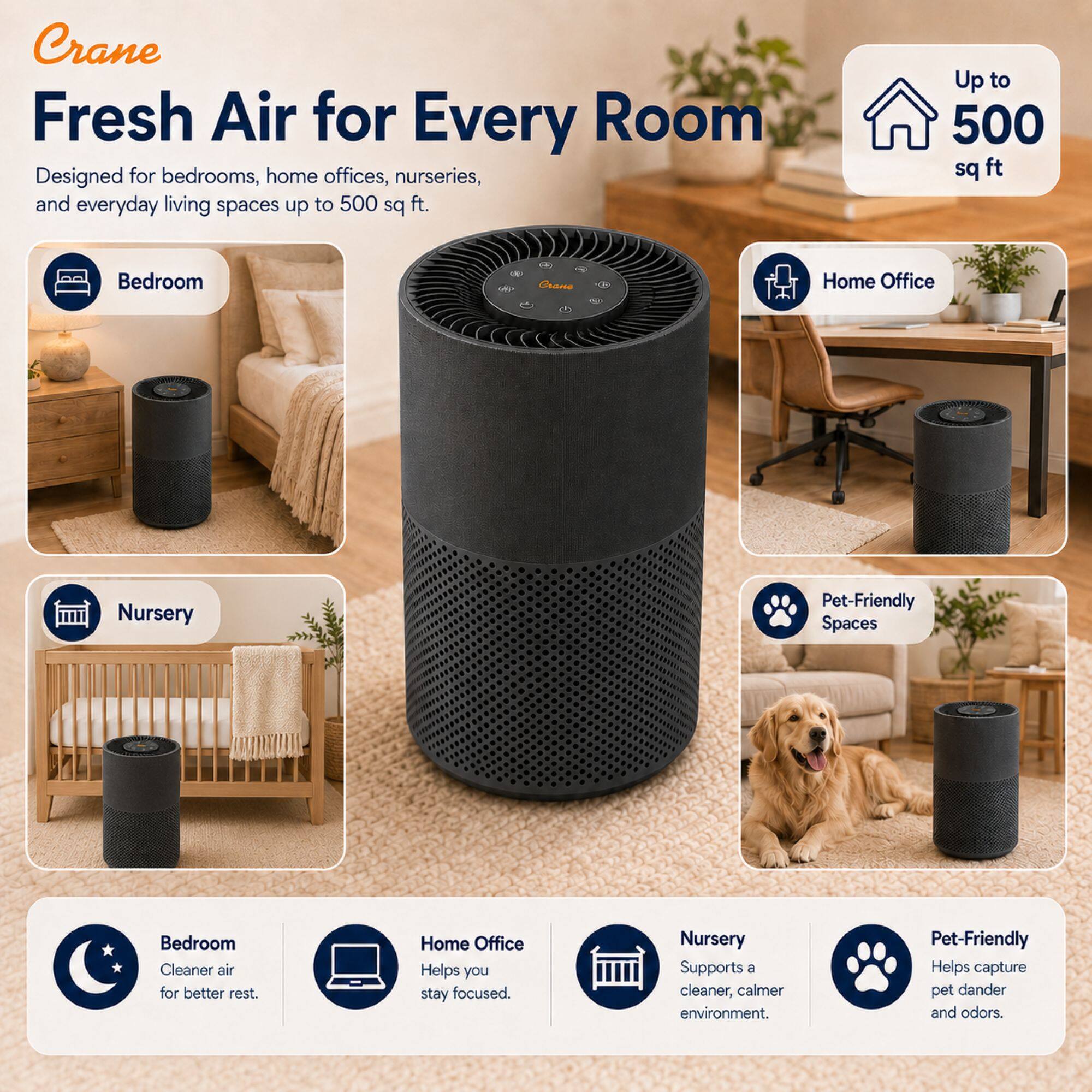 Crane Fresh Air for Every Room  
Designed for bedrooms, home offices, nurseries, and everyday living spaces up to 500 sq ft.  

Up to 500 sq ft  

Bedroom  
Cleaner air for better rest.  

Home Office  
Helps you stay focused.  

Nursery  
Supports a cleaner, calmer environment.  

Pet-Friendly  
Helps capture pet dander and odors.