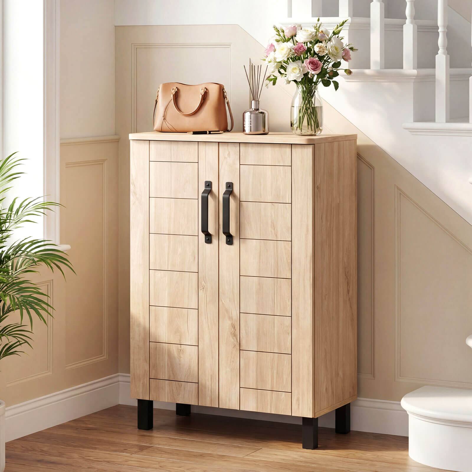 Alt View 3. Costway - Costway 5-Tier Shoe Storage Cabinet with 2 Doors, Removable Shelves & Ventilation Hole - Natural Oak.