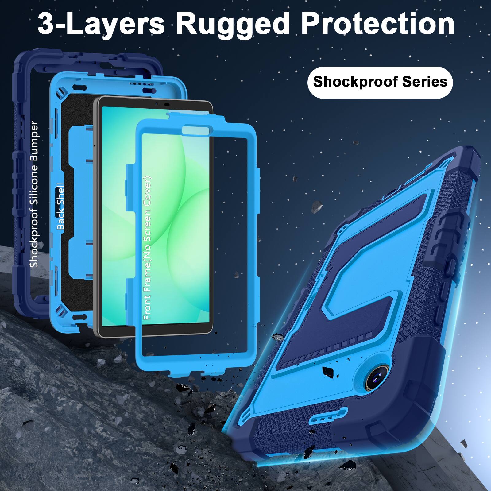 3-Layers Rugged Protection  
Shockproof Series  

- Shockproof Silicone Bumper  
- Back Shell  
- Front Frame (No Screen Cover)