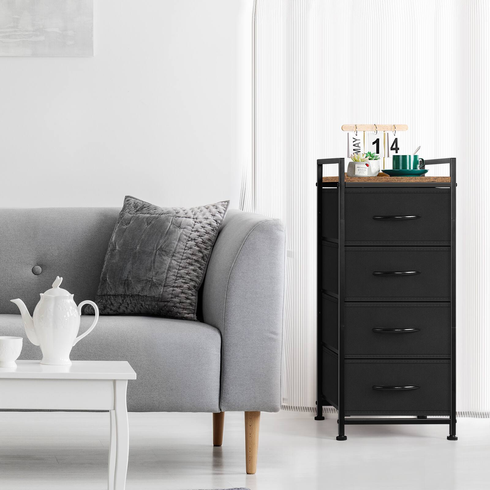 Alt View 3. Oumilen - 4-Drawer Rolling Fabric Storage Cart with Wood Top & Gray Drawers, Black - Black.