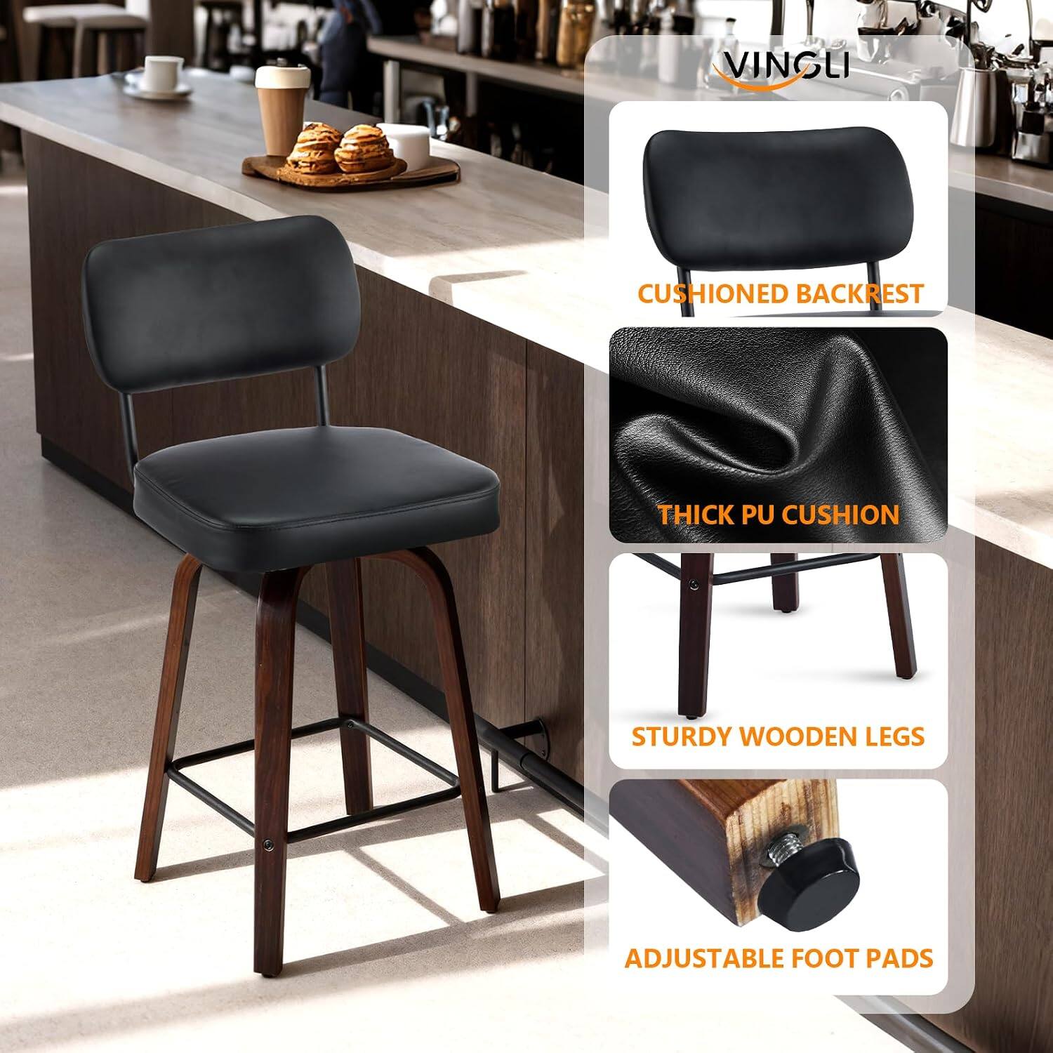 VINGLI

CUSHIONED BACKREST

THICK PU CUSHION

STURDY WOODEN LEGS

ADJUSTABLE FOOT PADS