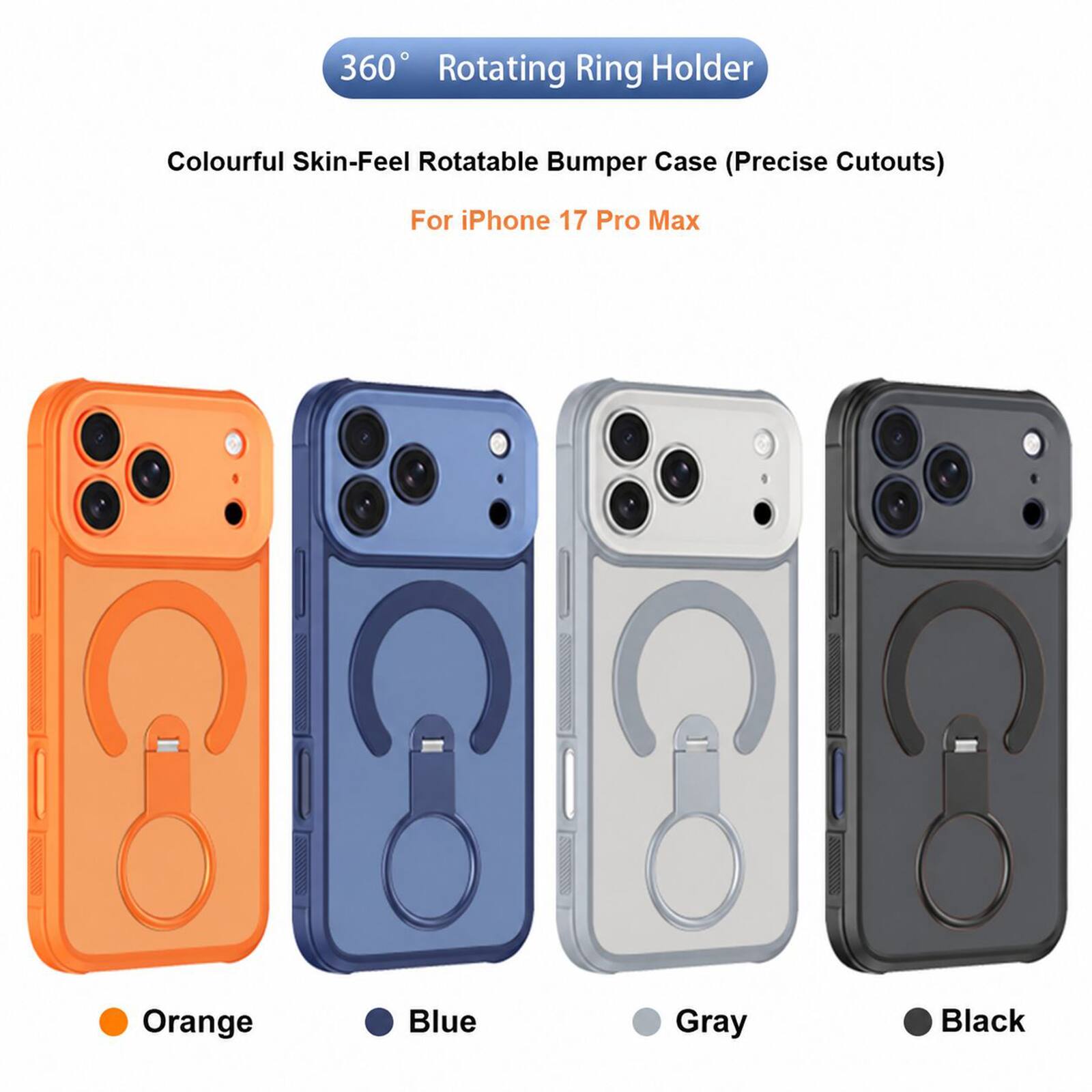 360 Rotating Ring Holder Colourful Skin-Feel Rotatable Bumper Case (Precise Cutouts) For iPhone 17 Pro Max Orange Blue Gray Black