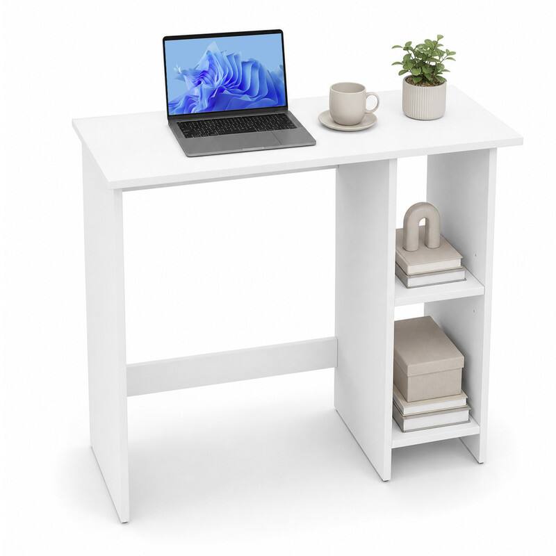 Left. WELLFOR - 31.5 in Computer Desk with Storage Shelves &  Adjustable Shelf, Wood Home Office Desk for Small Spaces - White.