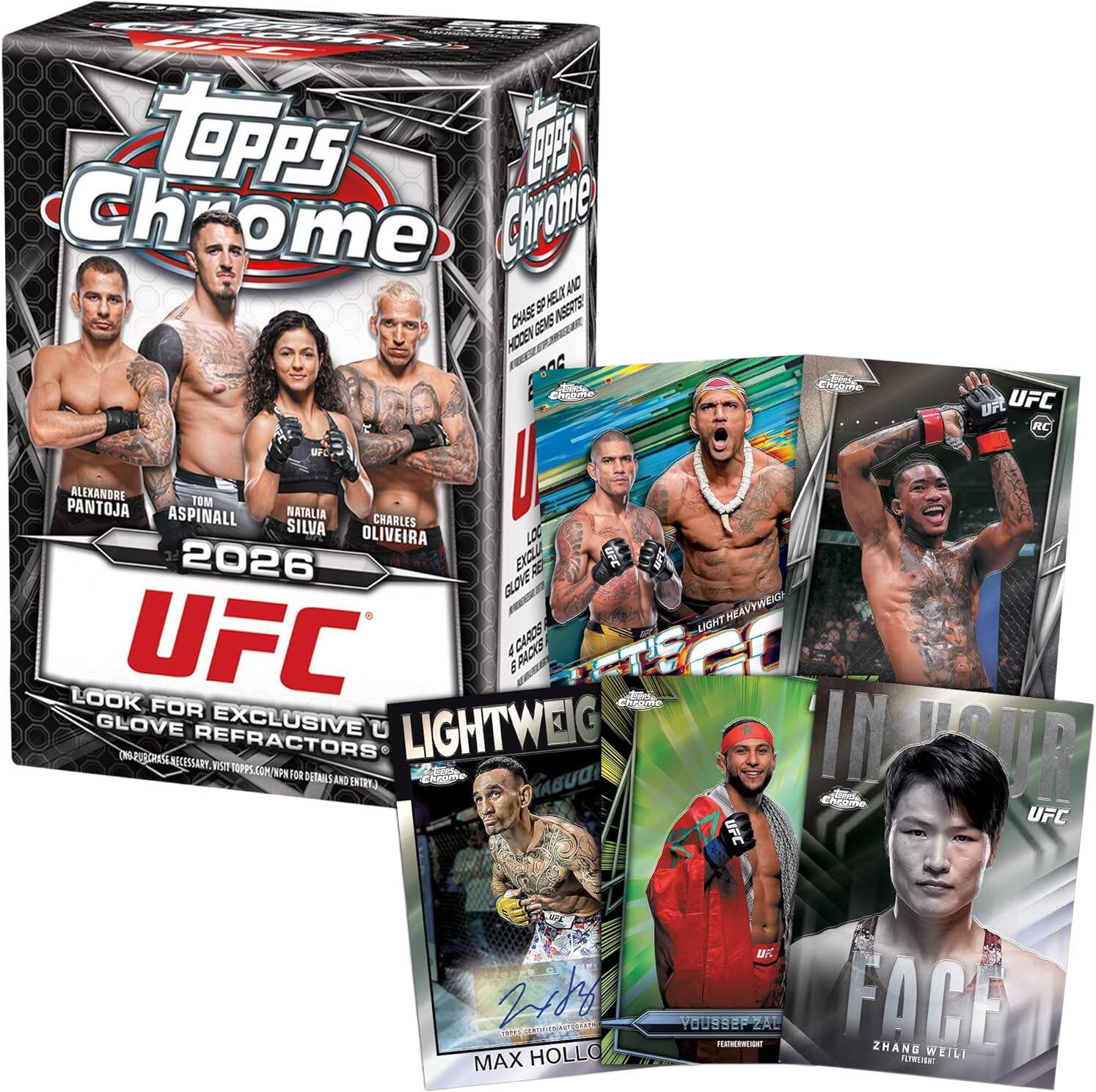 Topps Chrome 2026 UFC

Look for exclusive glove refractors

Lightweight

In Your Face

Max Holloway

Youssef Zal

Zhang Weili