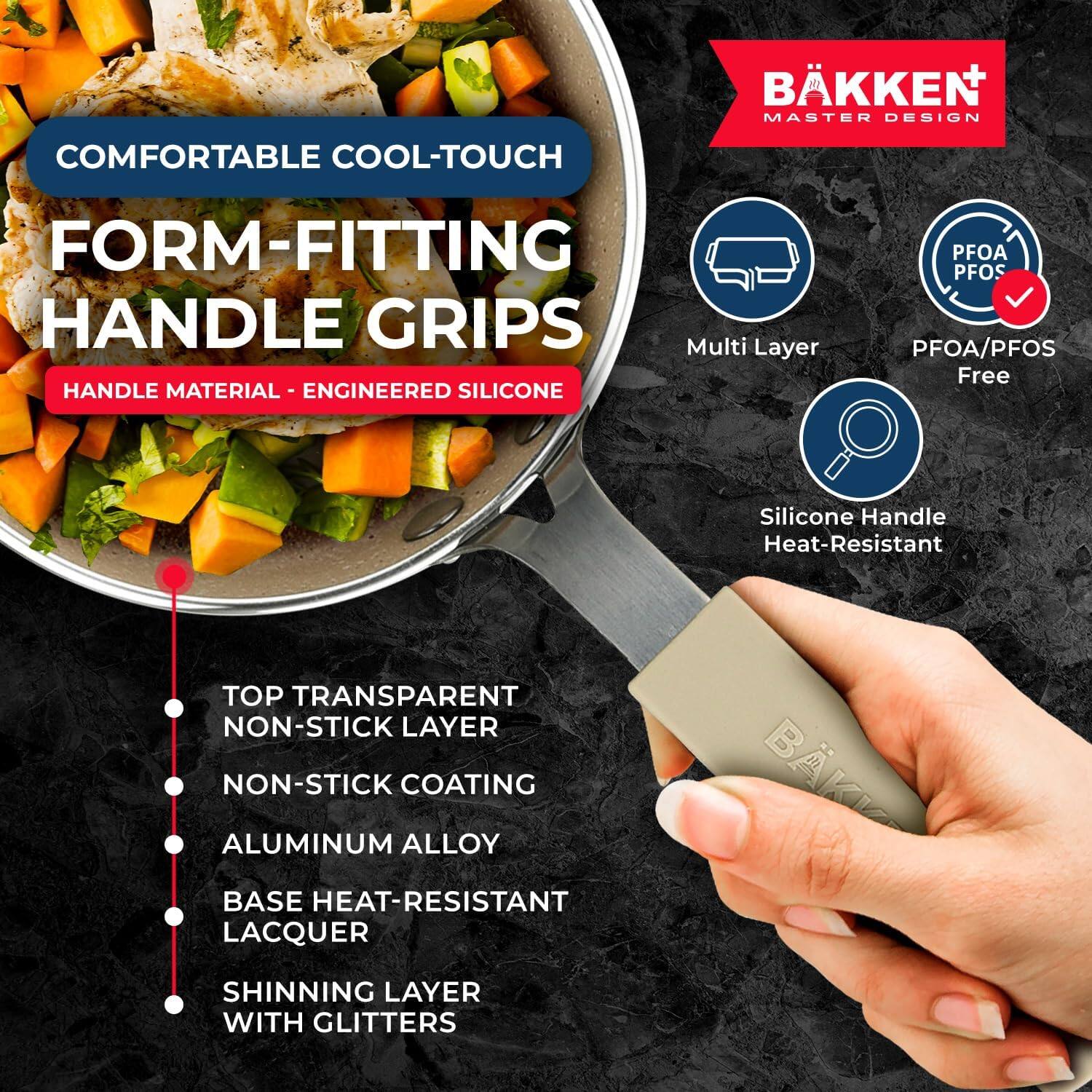 BKKEN MASTER DESIGN, COMFORTABLE COOL-TOUCH, FORM-FITTING HANDLE GRIPS, Multi Layer, HANDLE MATERIAL - ENGINEERED SILICONE, PFOA/PFOS, PFOA/PFOS Free, Silicone Handle Heat-Resistant, TOP TRANSPARENT, NON-STICK LAYER, NON-STICK COATING, ALUMINUM ALLOY, BASE HEAT-RESISTANT LACQUER, SHINNING LAYER WITH GLITTERS