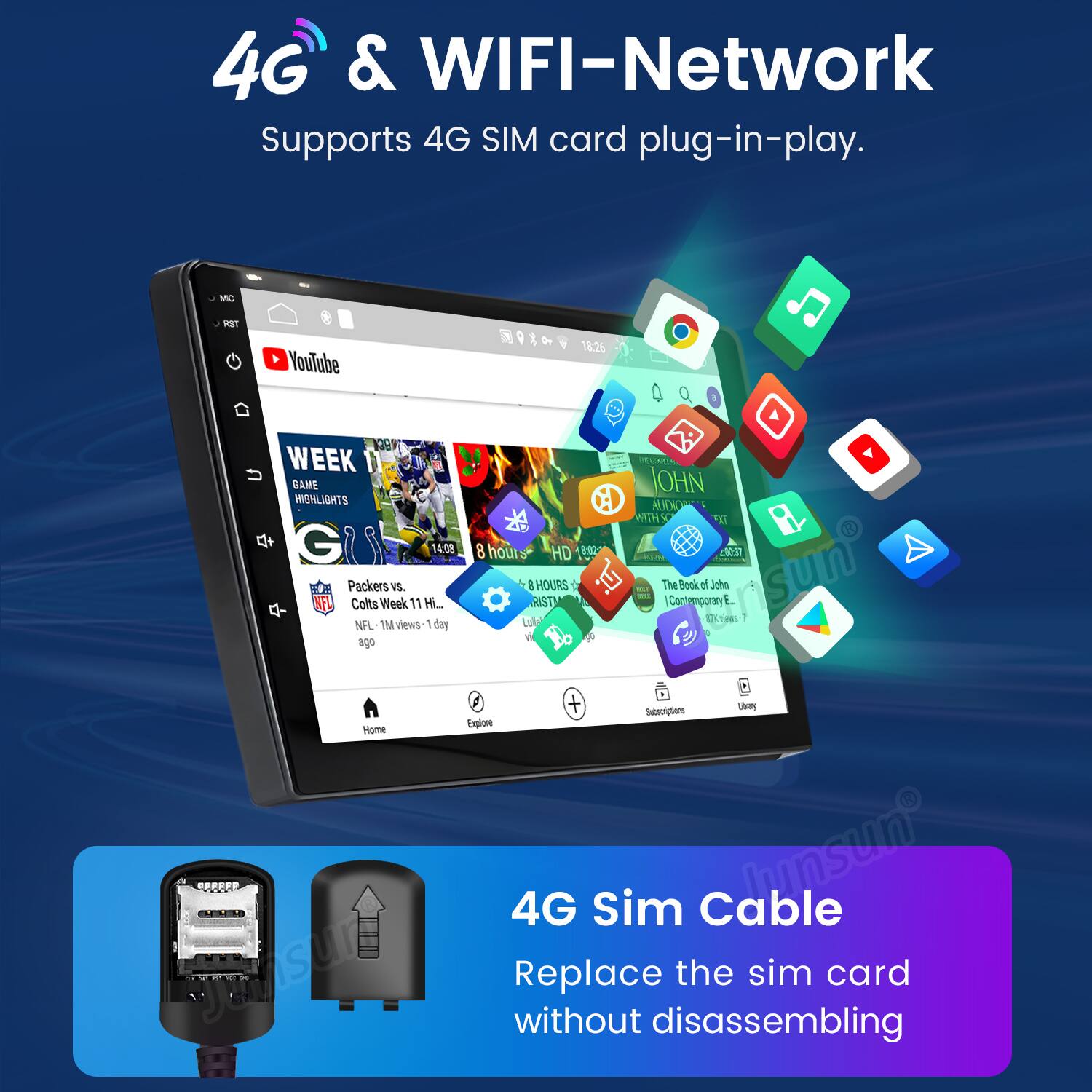 4G & WIFI-Network  
Supports 4G SIM card plug-in-play.

MIC RST YouTube 1 18:26 WEEK GAME HIGHLIGHTS G 14:08 Packers vS. Colts Week 11 HL NIL 1M views 1 day ago 8 hours HD 1:00 t3 & 1 RIST HOURS 0

- The Contemporary Book of John E sun Lule e d x Home RE - Jusur + Subscriptions nn Expliome 4G Sim Cable hnsun Replace the sim card without disassembling

4G Sim Cable  
Replace the sim card without disassembling