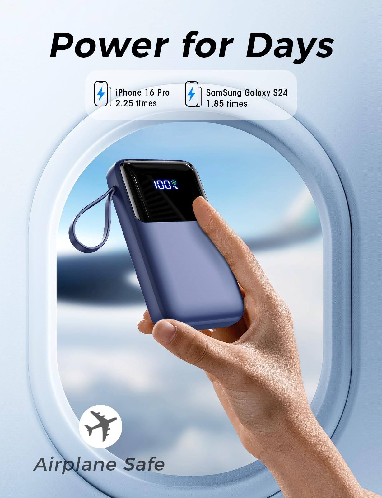 Power for Days  
iPhone 16 Pro 2.25 times  
Samsung Galaxy S24 1.85 times  
100% Airplane Safe