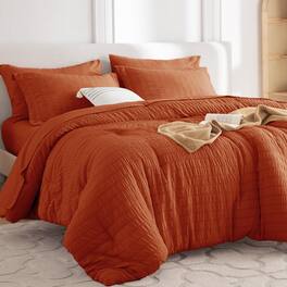 Dazzed Corner - Seersucker 5/7 Pieces Bed in a Bag Comforter Set with Sheets, Pillowcases & Shams - Burnt Orange