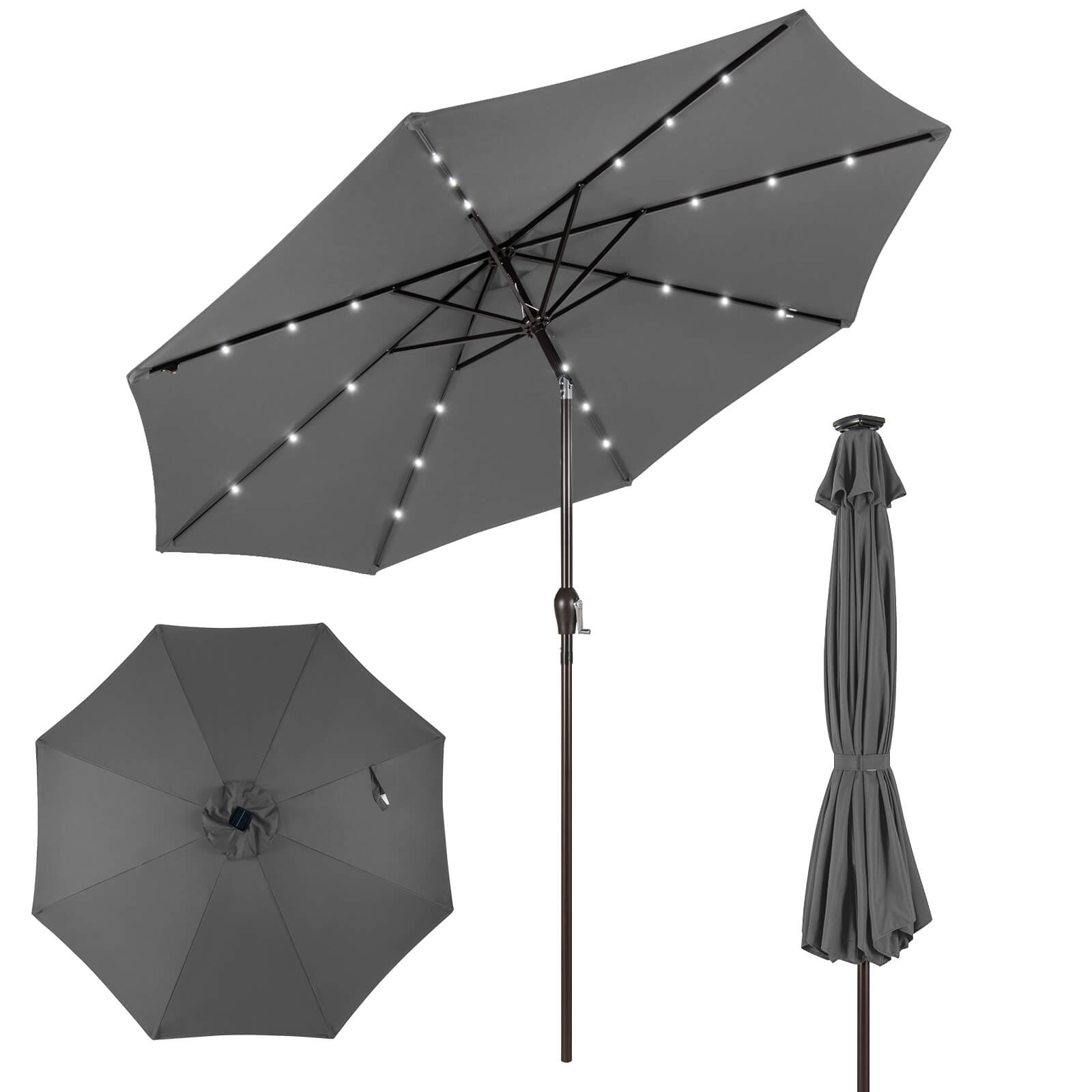 Alt View 4. Gymax - Gymax 10FT Solar Umbrella LED Market Steel Tilt w/ Crank Patio Gray - Gray.