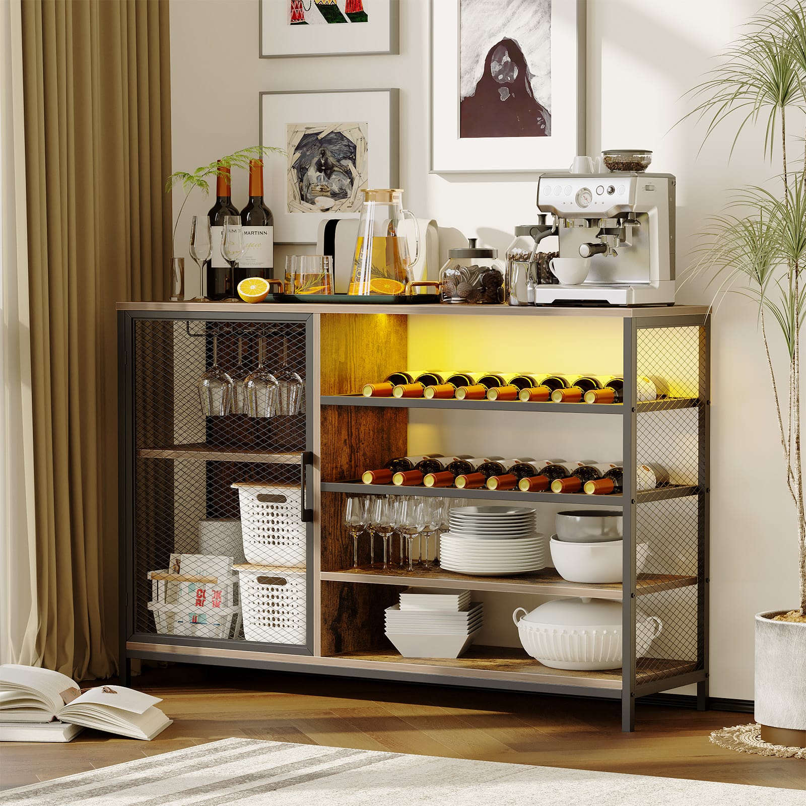 Qeetex - Wine Bar Cabinet with Power Outlets, Industrial Coffee Bar Cabinet for Liquor and Glasses, Dining Room Bar Cabinet - Brown