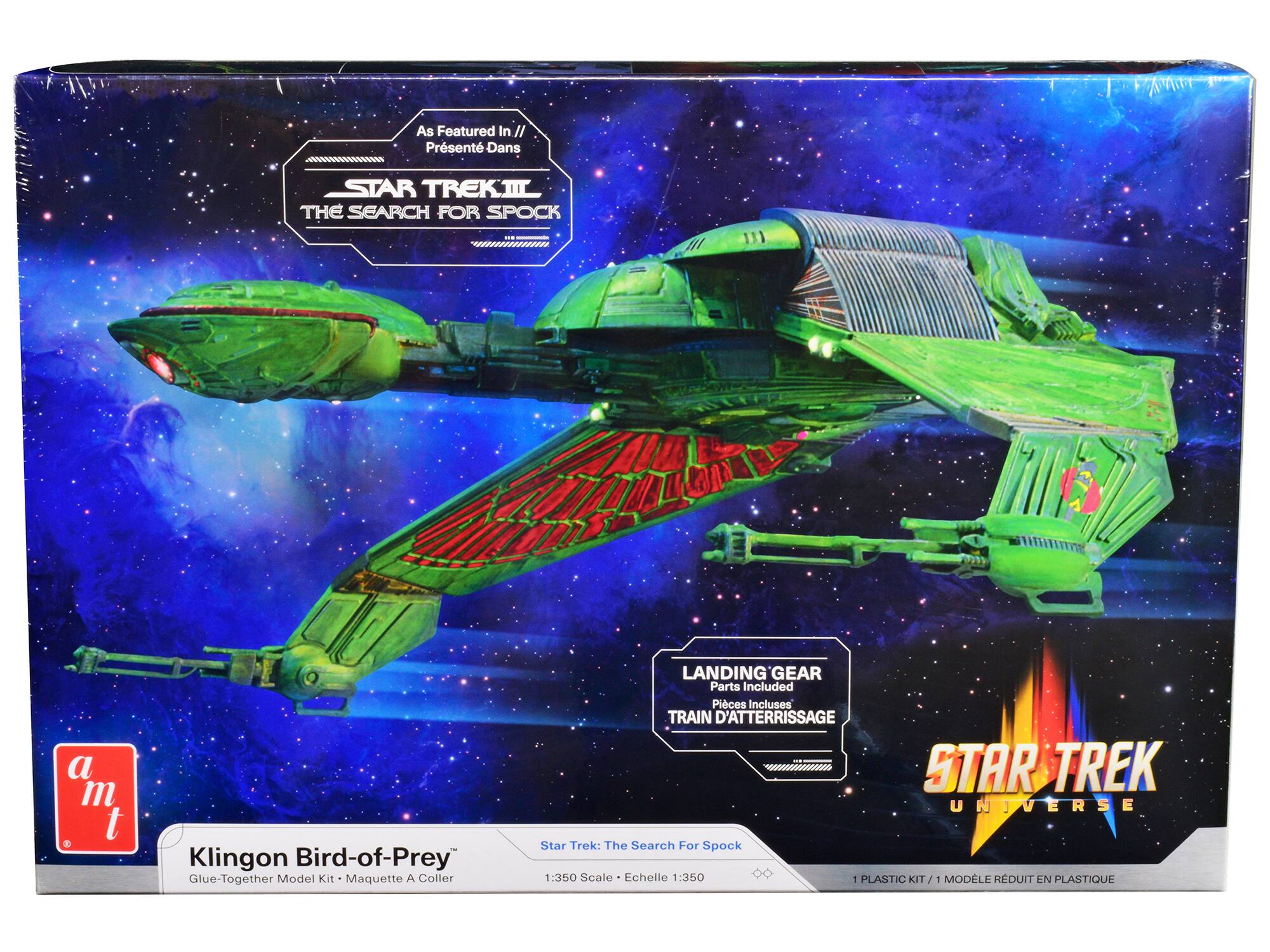 As Featured In // Présenté Dans  
STAR TREK III  
THE SEARCH FOR SPOCK  

Klingon Bird-of-Prey  
Glue-Together Model Kit  
Maquette A Coller  

Landing Gear  
Parts Included  
Pièces Incluses  
TRAIN D'ATERRISSAGE  

Star Trek: The Search For Spock  
1:350 Scale  
Échelle 1:350  

1 PLASTIC KIT / 1 MODÈLE REDUIT EN PLASTIQUE  

STAR TREK  
UNIVERSE
