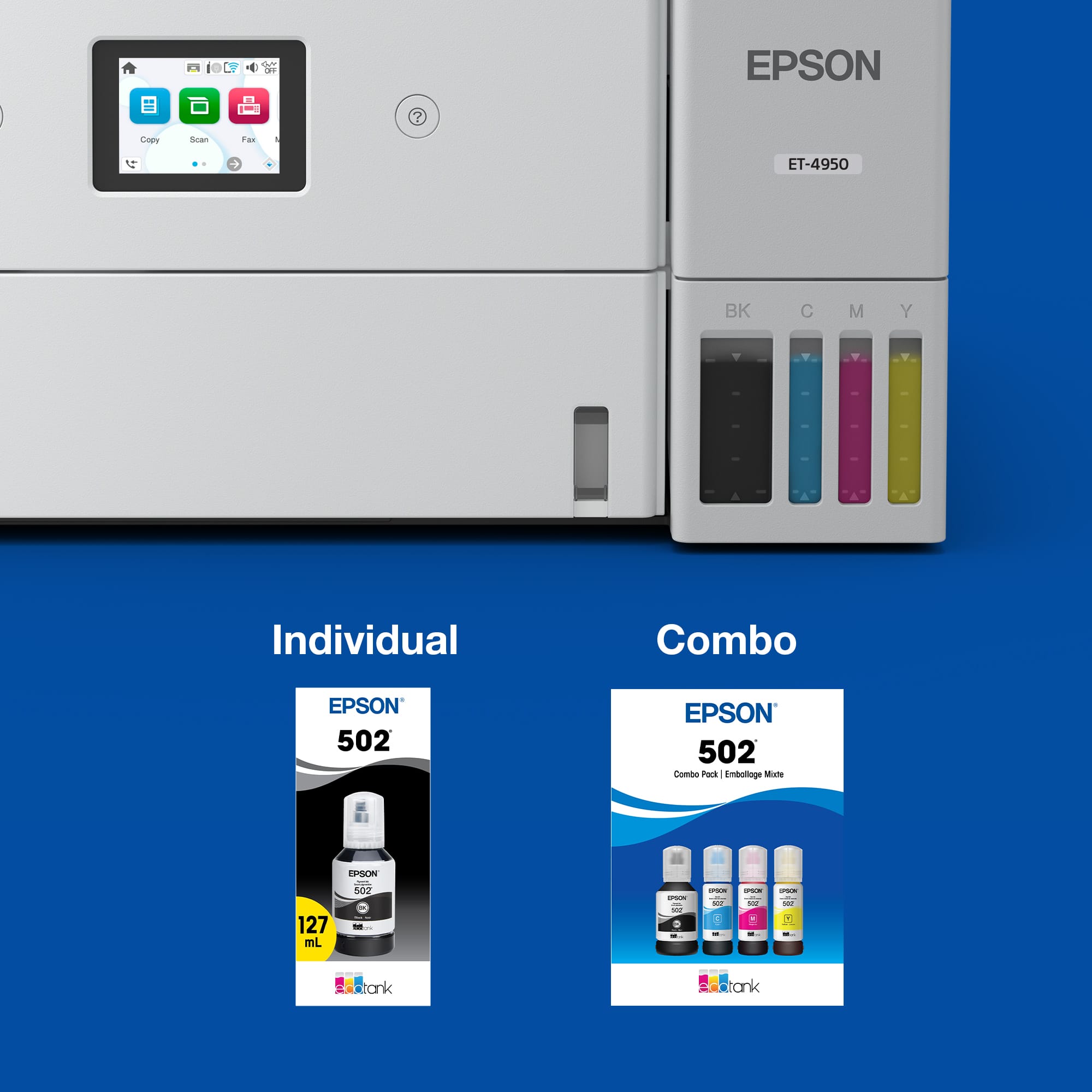 EPSON Coby Suan Fax - ET-4950 BK C M Y Individual Combo EPSON 502 EPSON 502 Combo Embolde Mixte 127 mL CON - 100 - - I - - : - - - - - I - - tank tank