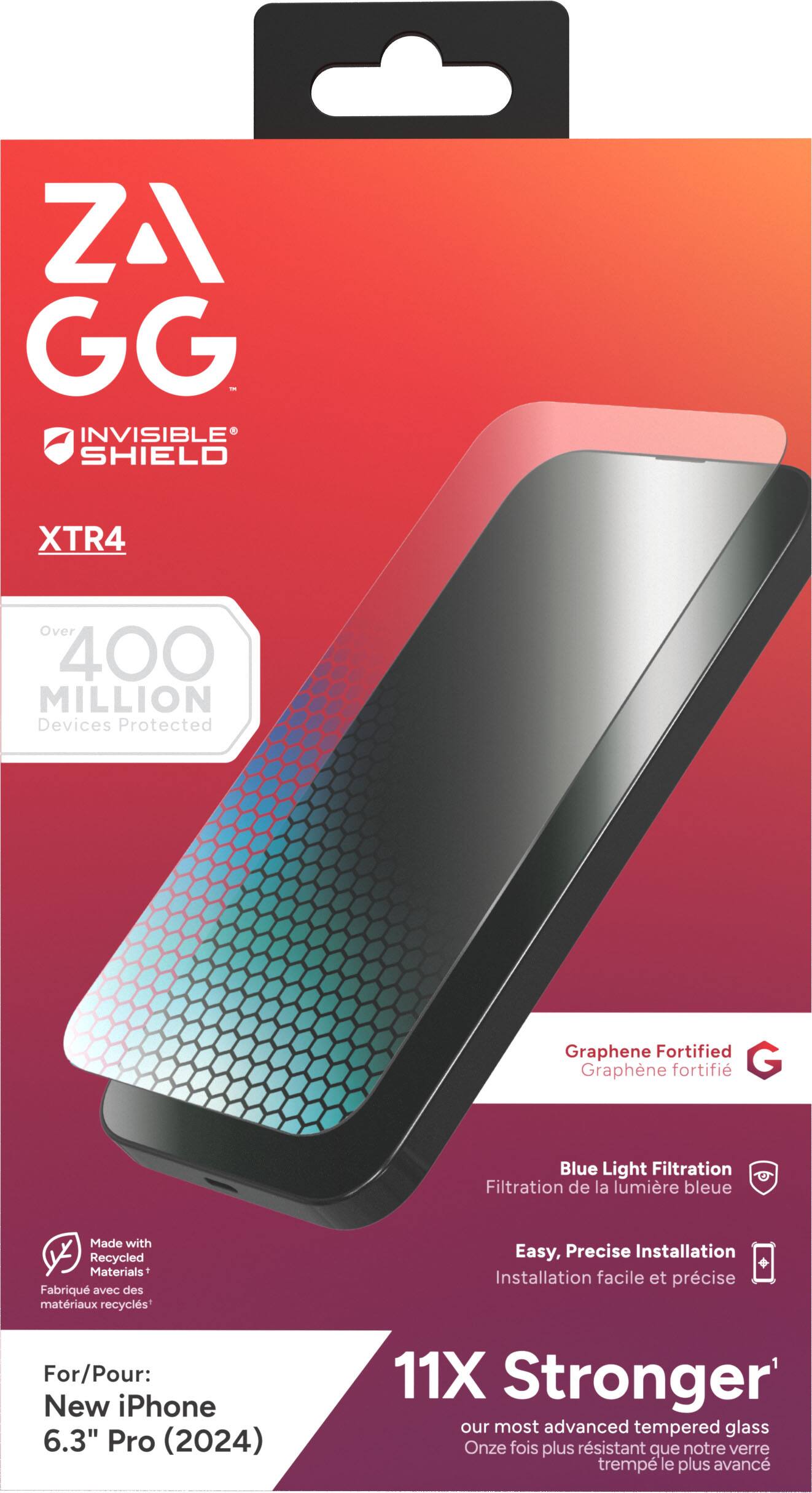 ZAGG - INVISIBLE SHIELD XTR4: Over 400 Million Devices Protected. Graphene Fortified. Blue Light Filtration. Made with Recycled Materials. Easy, Precise Installation. For/Pour: New iPhone 6.3" Pro (2024). 11X Stronger. Our most advanced tempered glass. Eleven times stronger than our previous tempered glass.