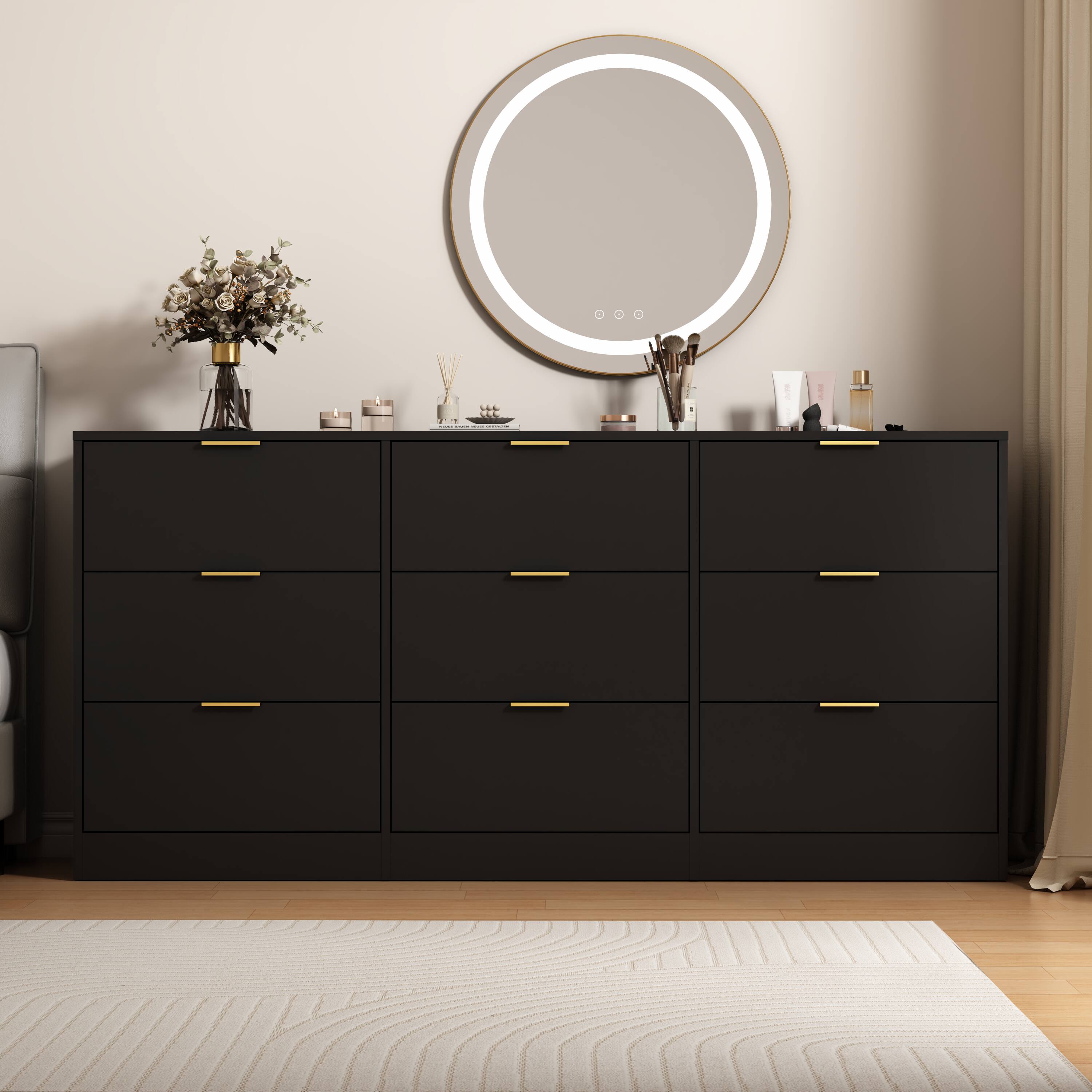 Angle. Z-Edge - 9 Drawer Dresser for Bedroom with Deep Drawers, 63" Wide Large Floor Wood Dressers & Chest of Drawers for Living Room - Black.