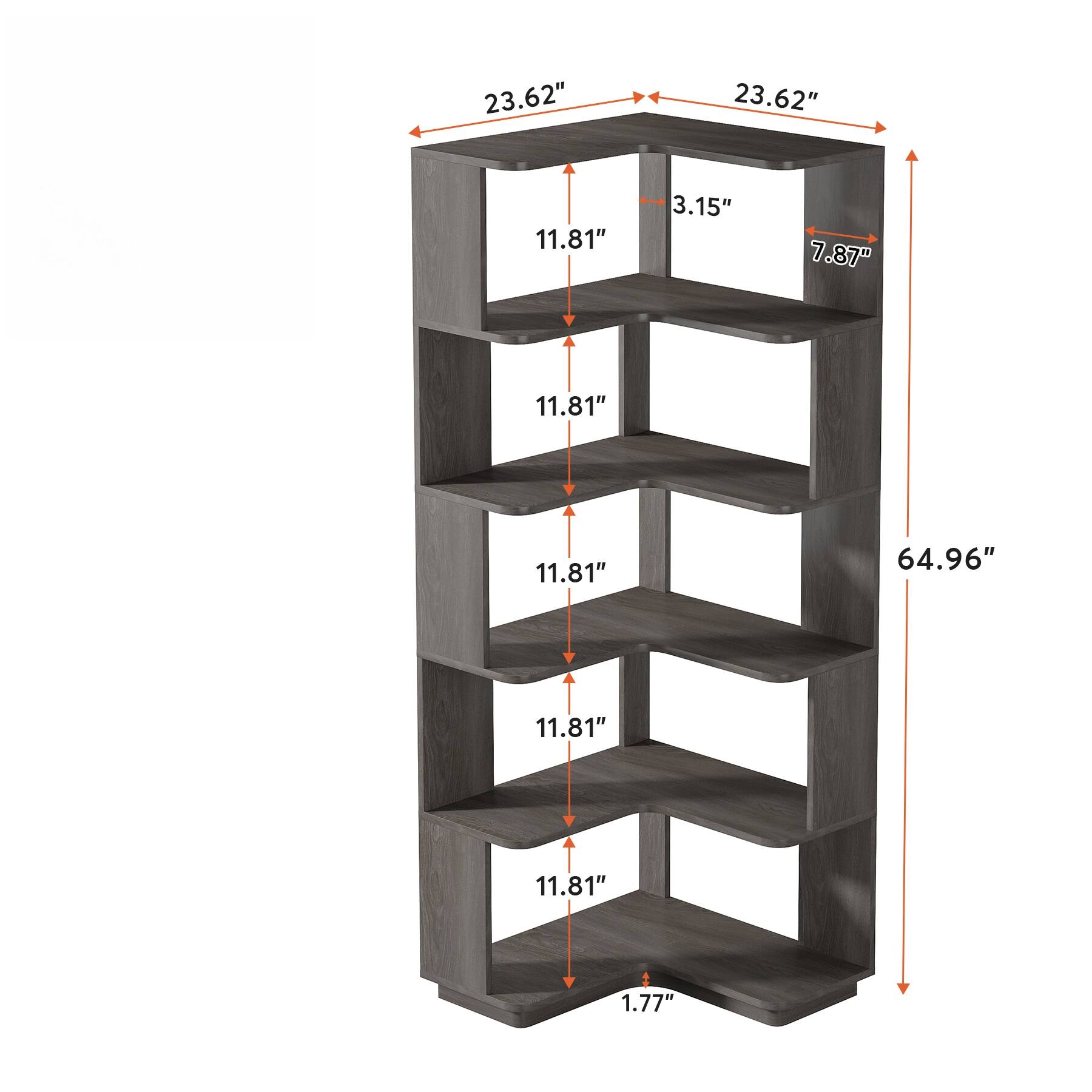 - Width: 23.62"
- Depth: 11.81"
- Height: 64.96"
- Shelf Depth: 11.81"
- Shelf Spacing: 1.81"
- Side Panel Thickness: 3.15"
- Back Panel Thickness: 7.87"
- Bottom Shelf Thickness: 1.77"