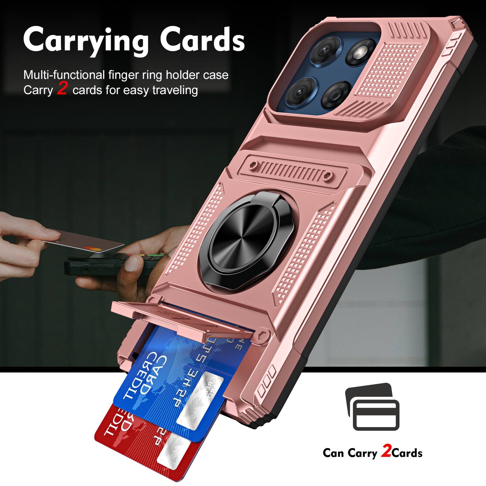 Carrying Cards

Multi-functional finger ring holder case
Carry 2 cards for easy traveling

Can Carry 2 Cards