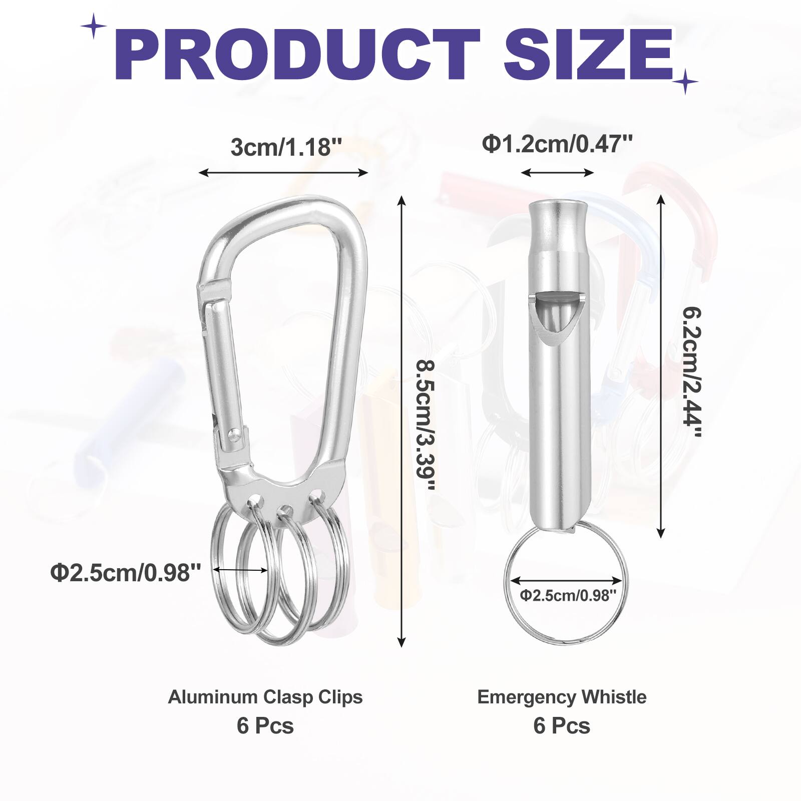 PRODUCT SIZE

3cm/1.18"  
1.2cm/0.47"  
2.5cm/0.98"  
8.5cm/3.39"  
2.5cm/0.98"  
6.2cm/2.44"  

Aluminum Clasp Clips 6 Pcs  
Emergency Whistle 6 Pcs
