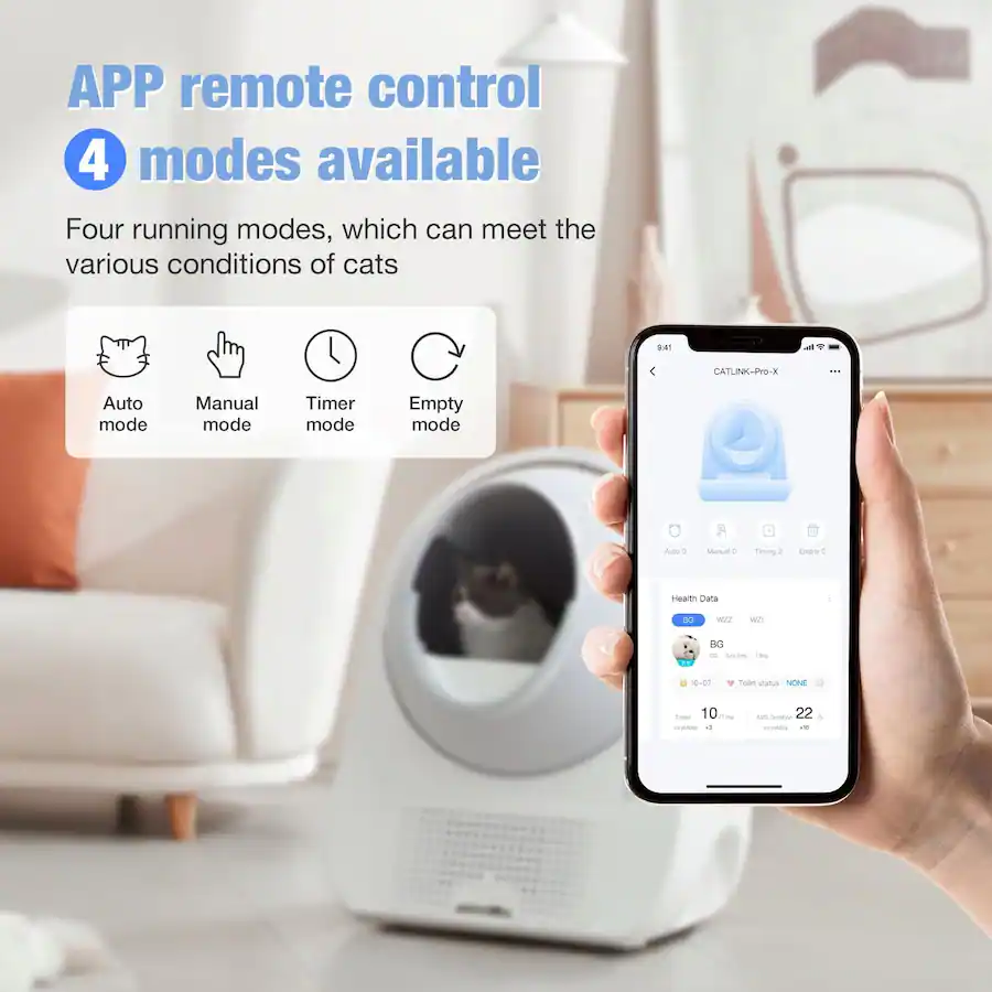 The corrected text is:
"APP remote control
4 modes available
Four running modes, which can meet the various conditions of cats
Auto mode
Manual mode
Timer mode
Empty mode
Health Data
1 so W22 we B0 - - - 1 10~00
Towel status NONE
10 -- - o - I 22 - - -"