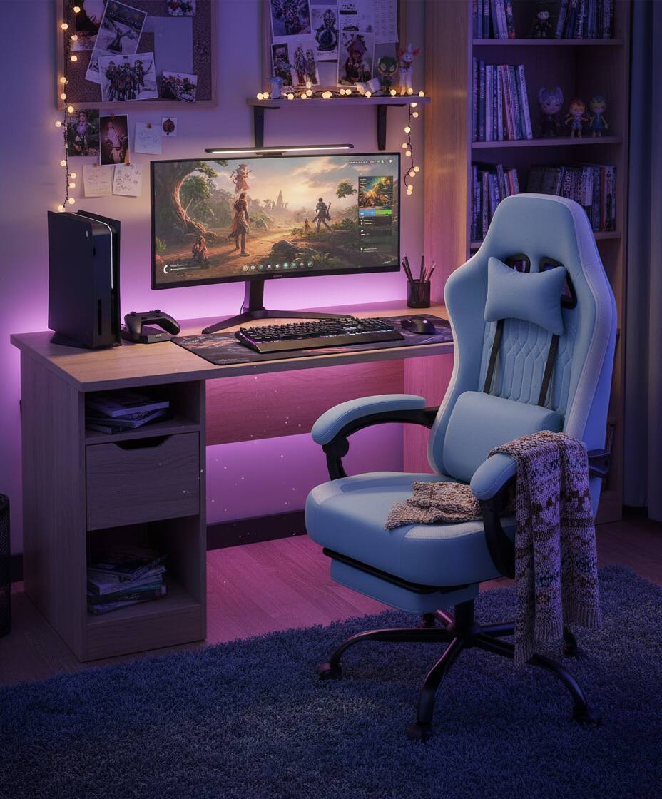 Angle. AOITUN - Computer Gaming Chair High Back Ergonomic, Value for Daily Use - Blue.