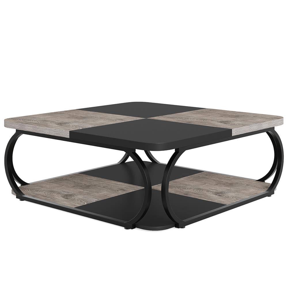 Angle. Kadyn - Kadyn Center Coffee Table, Square Living Room Table, 39" Central Cocktail Table with 2-Tier Shelves,Gray&Black - Gray&Black.