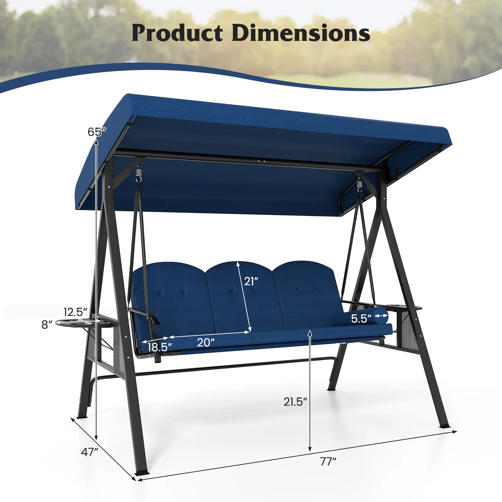 Alt View 2. Gymax - Gymax 3-Seat Patio Swing Chair w/ Adjustable Canopy Thickened Cushions Pillow Outdooor Navy - Blue.