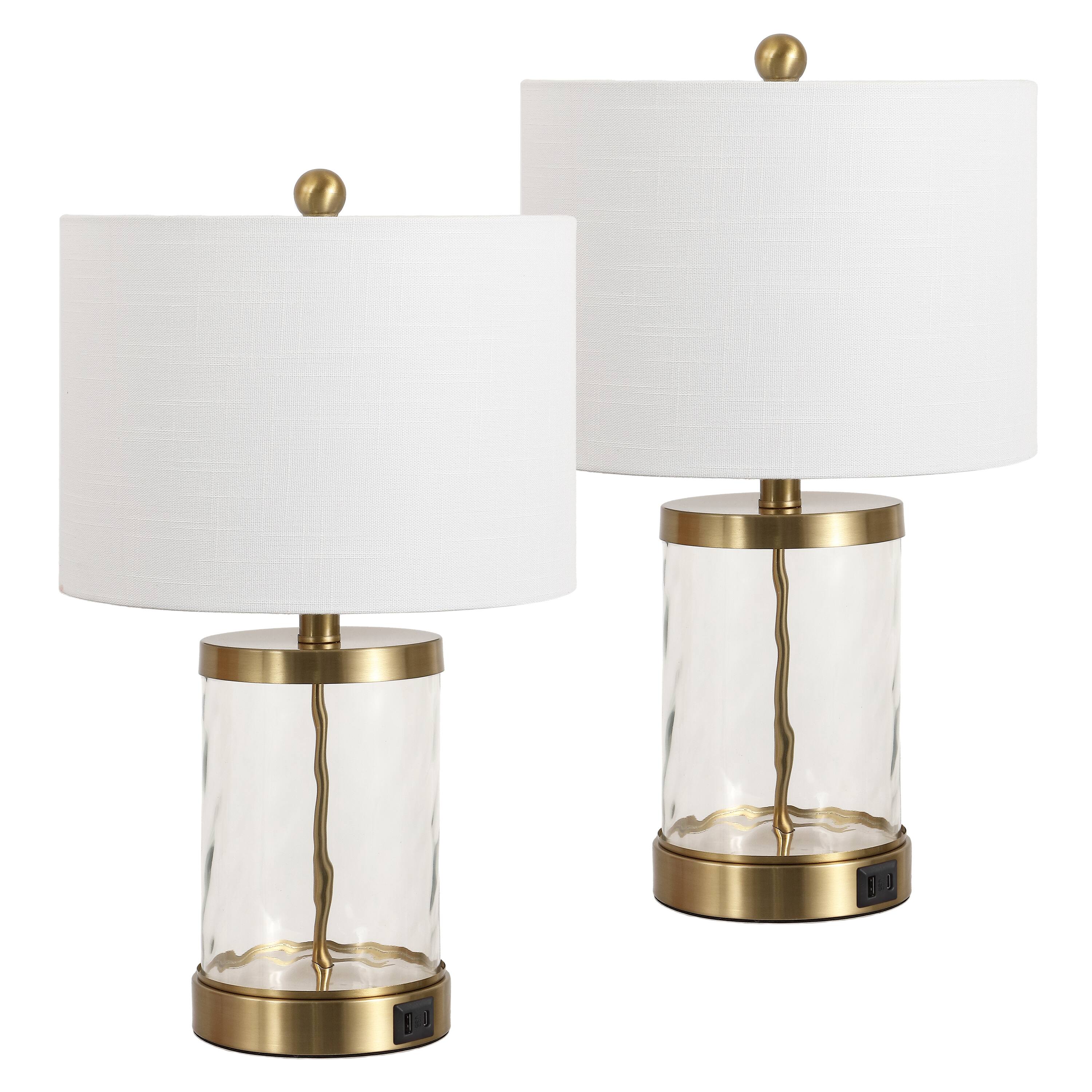 Alt View 7. Jonathan Y - Alexander 21" Modern Designer Metal/Water Glass LED Table Lamp with USB A+C Charging Ports, Brass Gold/Clear (Set of 2) - Brass Gold/Clear.