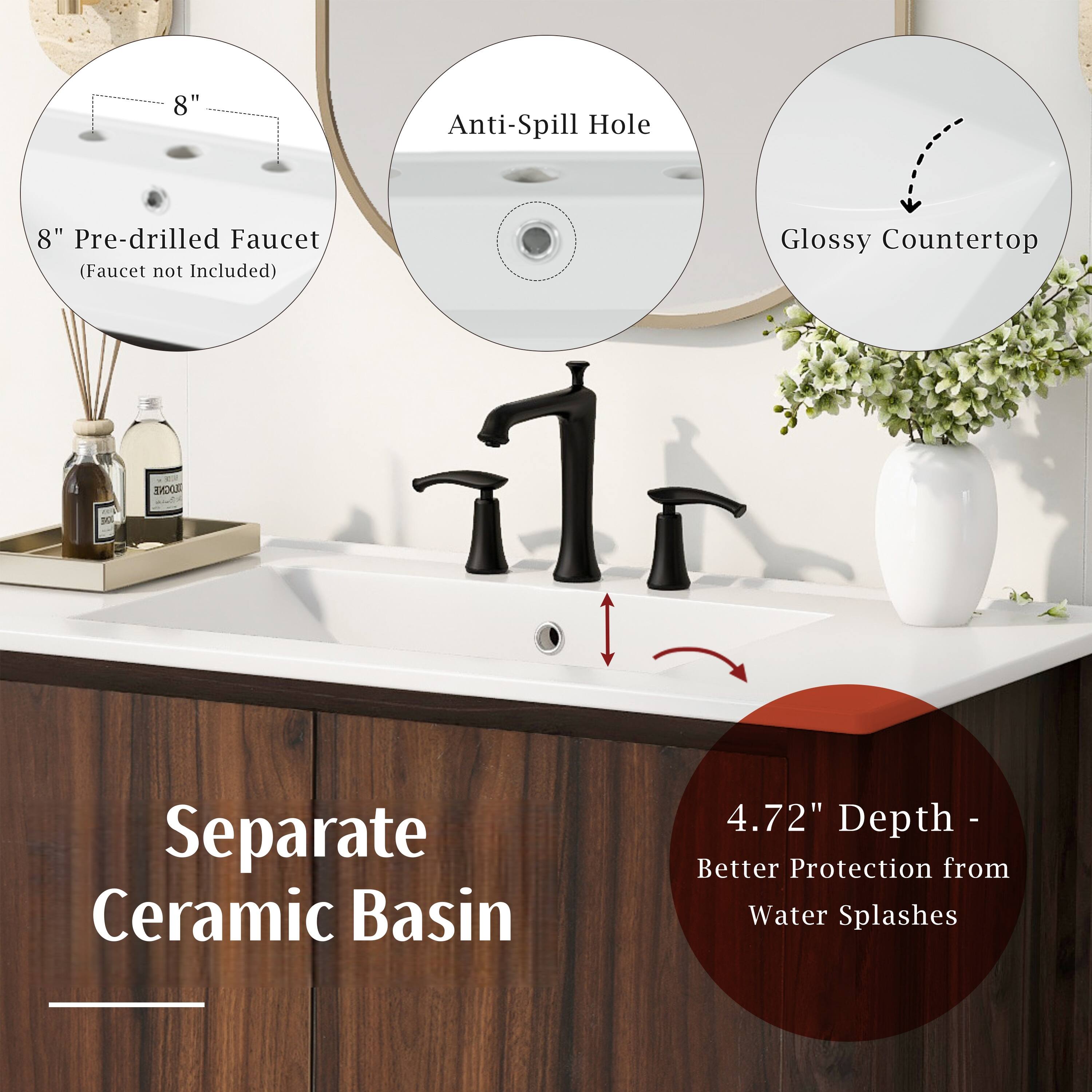 8" Pre-drilled Faucet (Faucet not Included)  
Anti-Spill Hole  
Glossy Countertop  
Separate Ceramic Basin  
4.72" Depth - Better Protection from Water Splashes
