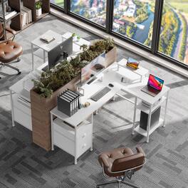 Furnulem - 59 In LShaped Computer Desk with 2 Monitor Stand Power Outlet Cabinet Gaming Desk Metal Base with Drawers desk - White