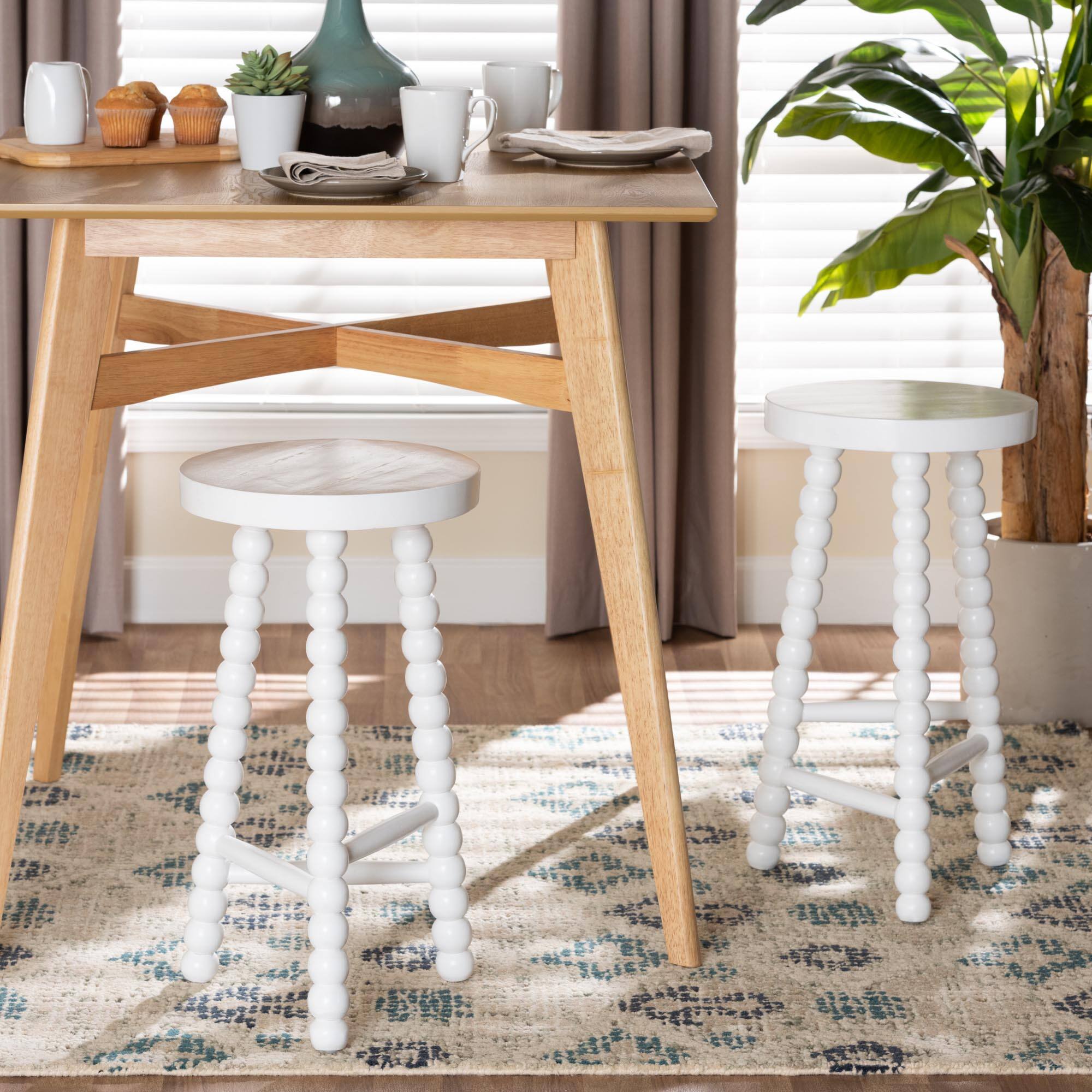 Alt View 2. bali & pari - David Acacia Wood Bobbin Counter Stool - Sculptural Backless Accent Stool for Kitchen Island or Lounge with Footrest - White.