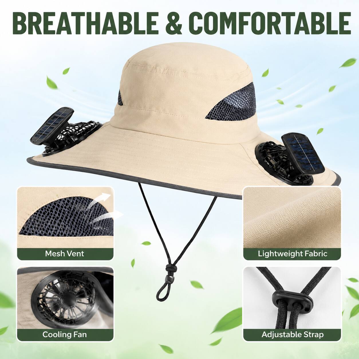 Anysun Wide Brim Sun Hat with 2 Solar Fans Waterproof & Breathable