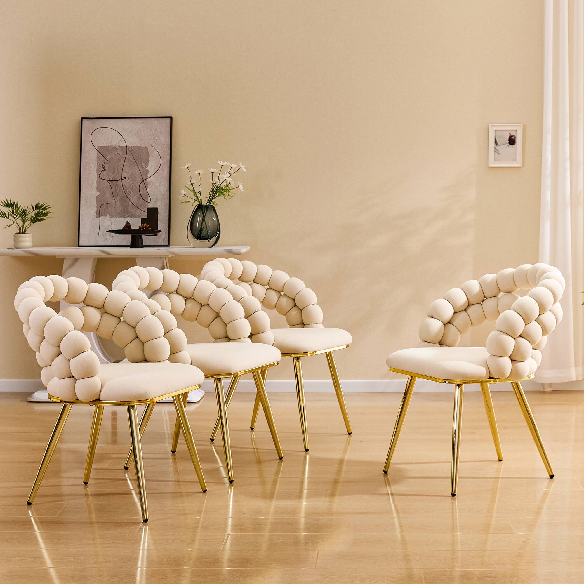Alt View 1. Loheer - Loheer Velvet Dining Chair Set of 2 Beige Bubble Back Accent Chairs with Gold Metal Legs, 1.92ft x 1.58ft x 2.67ft - Beige,Gold.