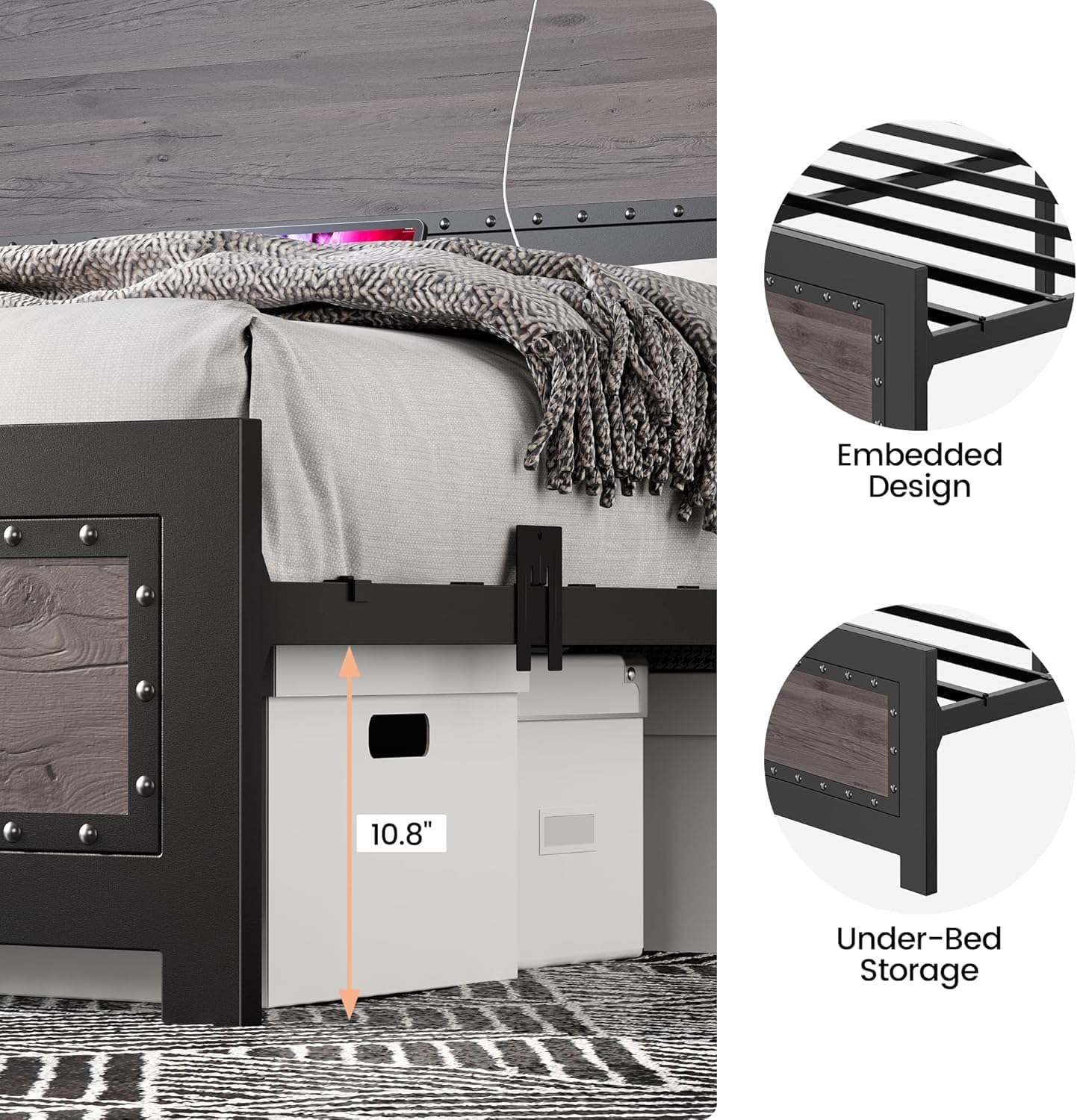 GARVEE Industrial Platform Bed with Headboard & Charging Station, Metal ...