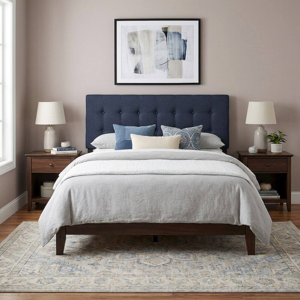 Left. FurniFact - Upholstered Fabric Queen Headboard in Neutral Tone with Elegant Design - Blue.