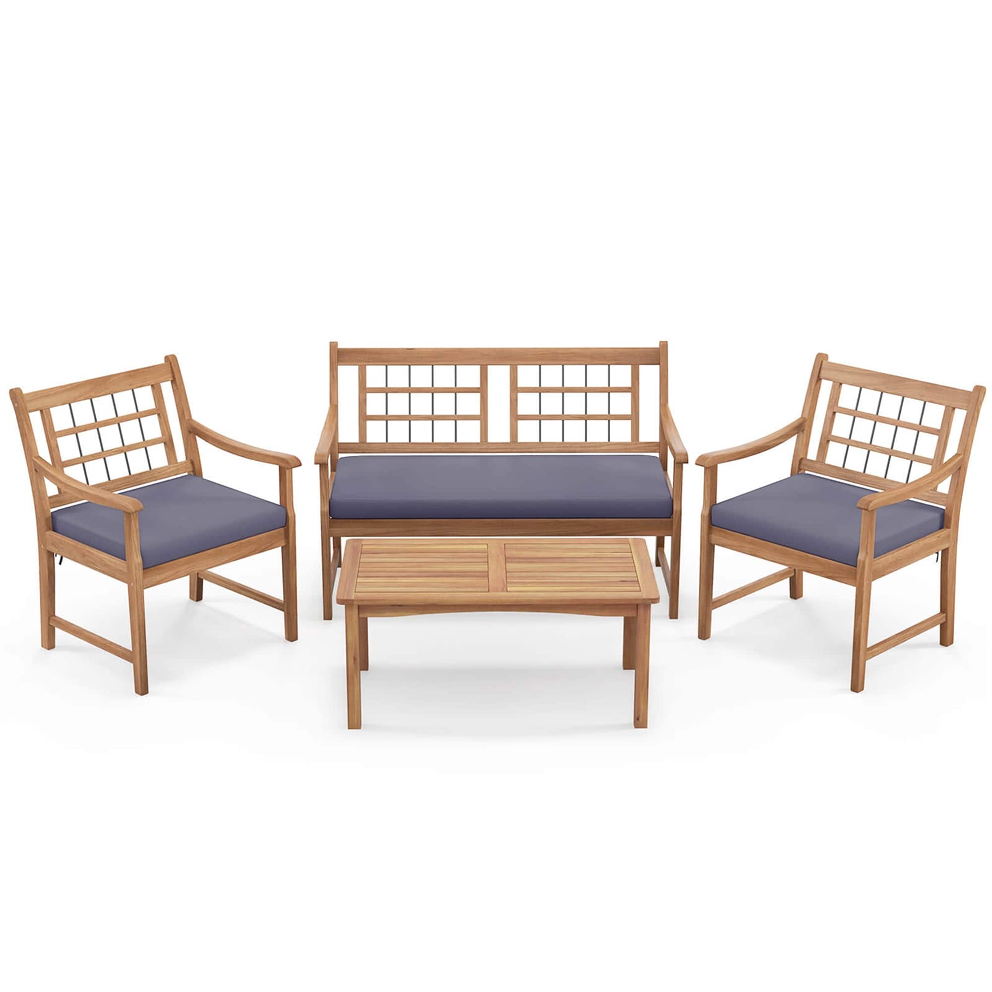 Front. Costway - 4 PCS Wood Patio Furniture Set with Soft Seat Cushions Solid Acacia Wood Frame - Gray,Natural.