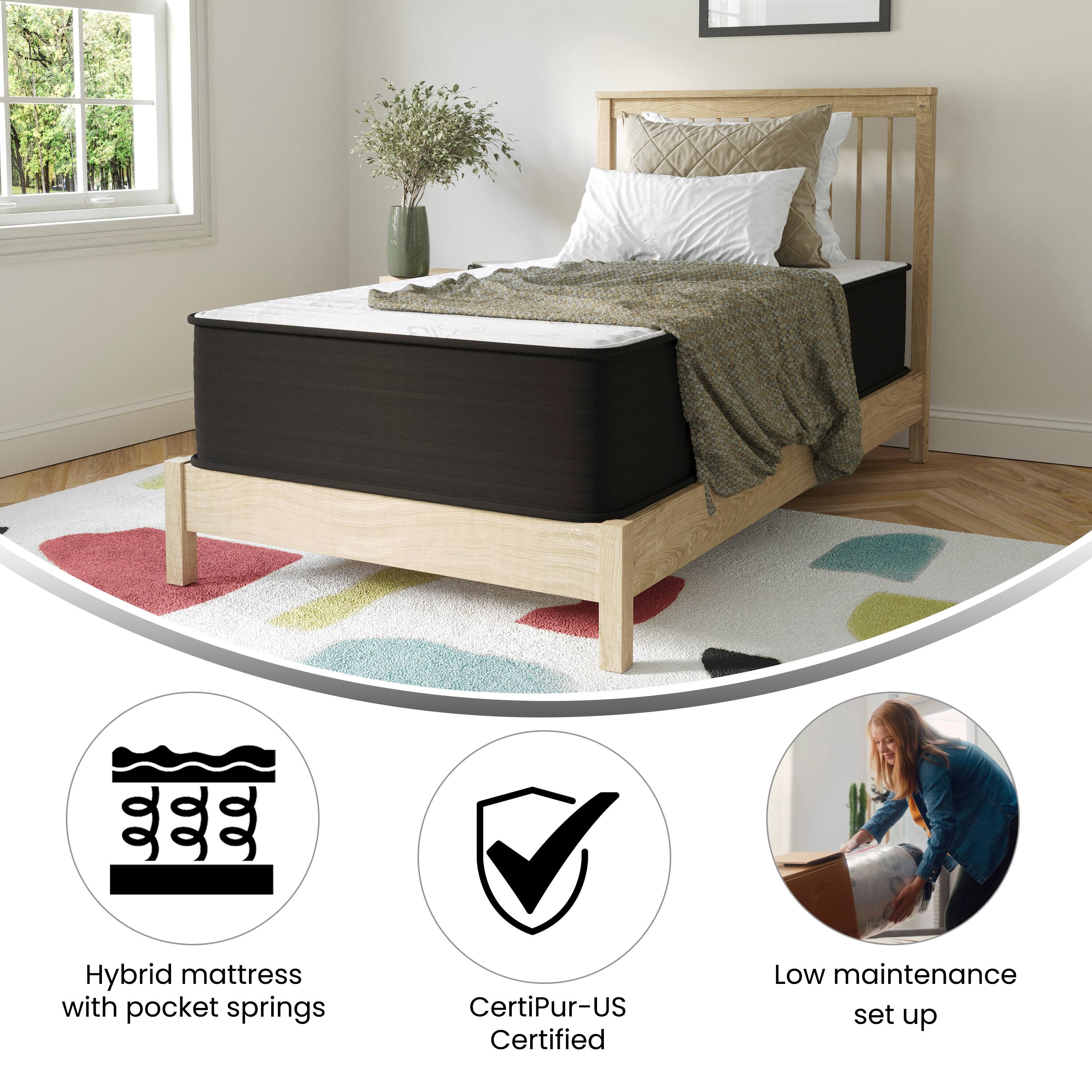 Hybrid mattress with pocket springs  
CertiPUR-US Certified  
Low maintenance set up