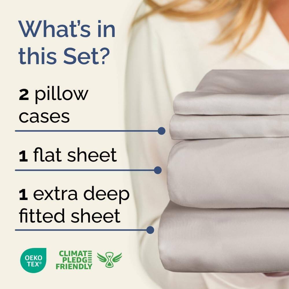 What's in this Set?

- 2 pillow cases
- 1 flat sheet
- 1 extra deep fitted sheet

CLIMATE PLEDGE FRIENDLY

OEKO TEX