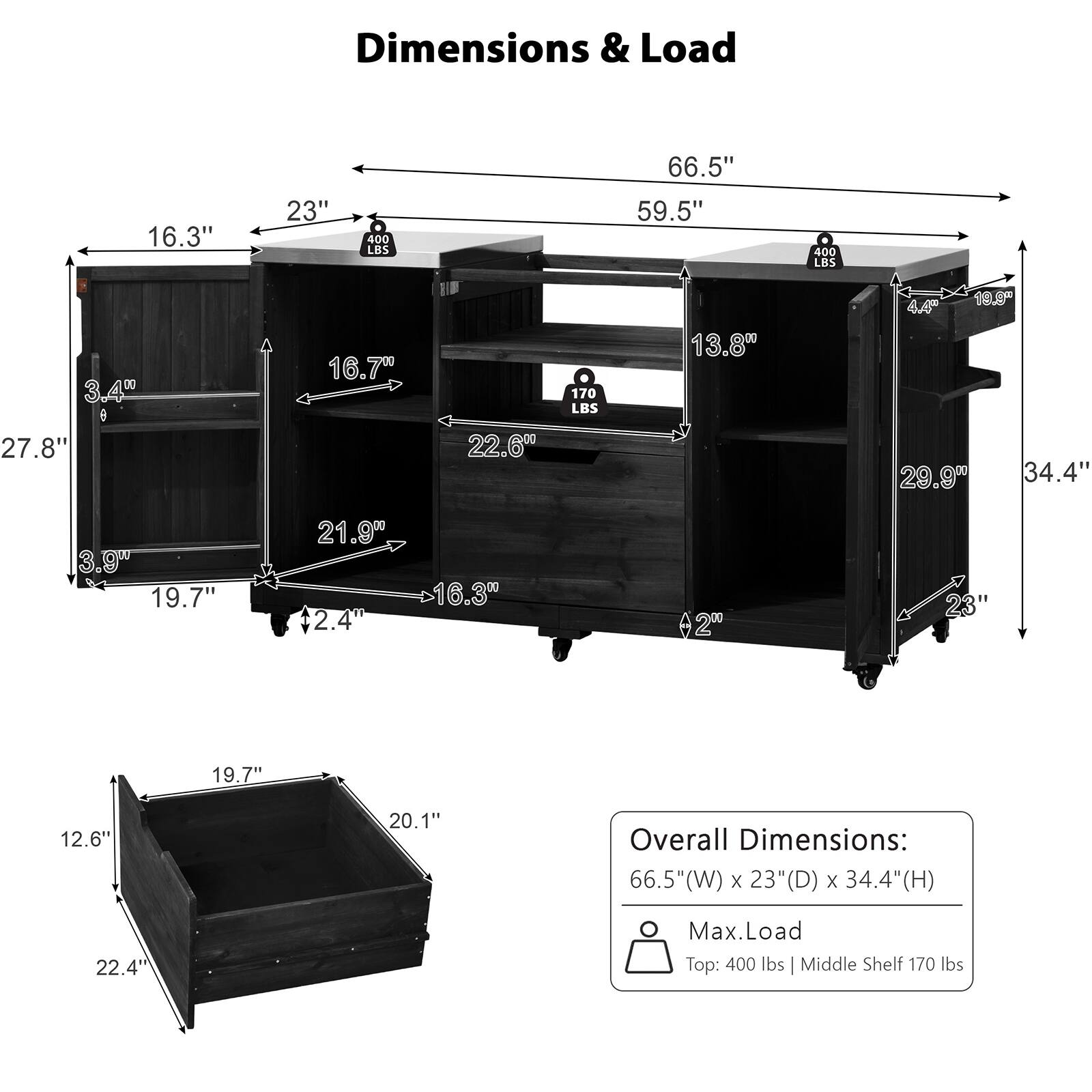 Dimensions & Load

- Overall Dimensions: 66.5"(W) x 23"(D) x 34.4"(H)
- Max. Load: Top: 400 lbs | Middle Shelf: 170 lbs

- 16.3"
- 23"
- 400 LBS
- 66.5"
- 59.5"
- 400 LBS
- 3.40
- 16.70
- 170 LBS
- 13.8"
- 4.6
- 18.9
- 27.8"
- 22.60
- 29.9
- 34.4"
- 3.9"
- 19.7"
- 21.9
- 2.4"
- 16.30
- 20
- 23"
- 19.7"
- 12.6"
- 20.1"
