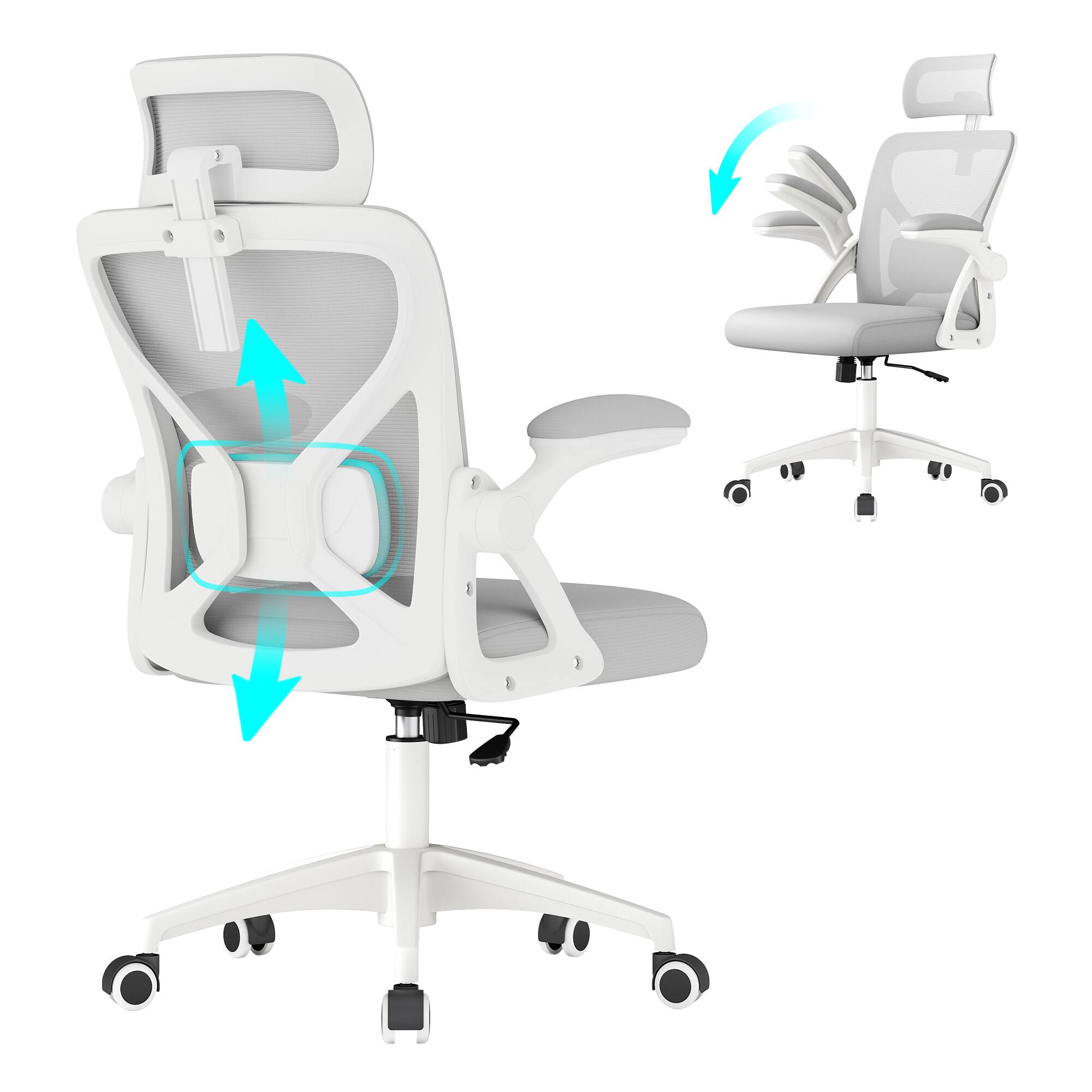 Front. Songmics Home - Ergonomic Mesh Office Chair with Adjustable Lumbar Support and Headrest, 90-105° Tilt Function, Wide Seat - Dove Gray.