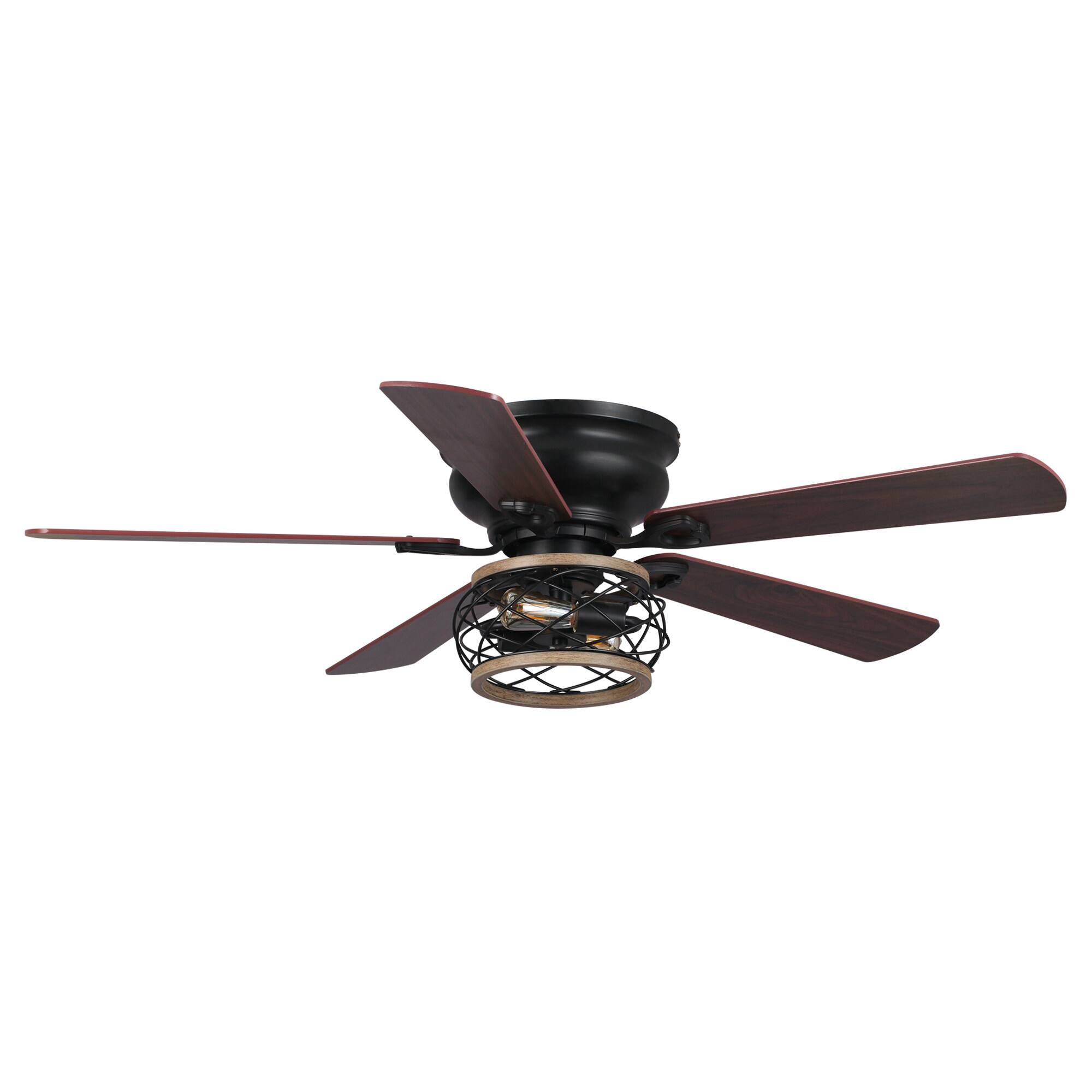 Alt View 9. Parrot Uncle - 48" Vintage Wooden 5-Blade Black Flush Mount Cgaed Ceiling Fan with Remote - Black.