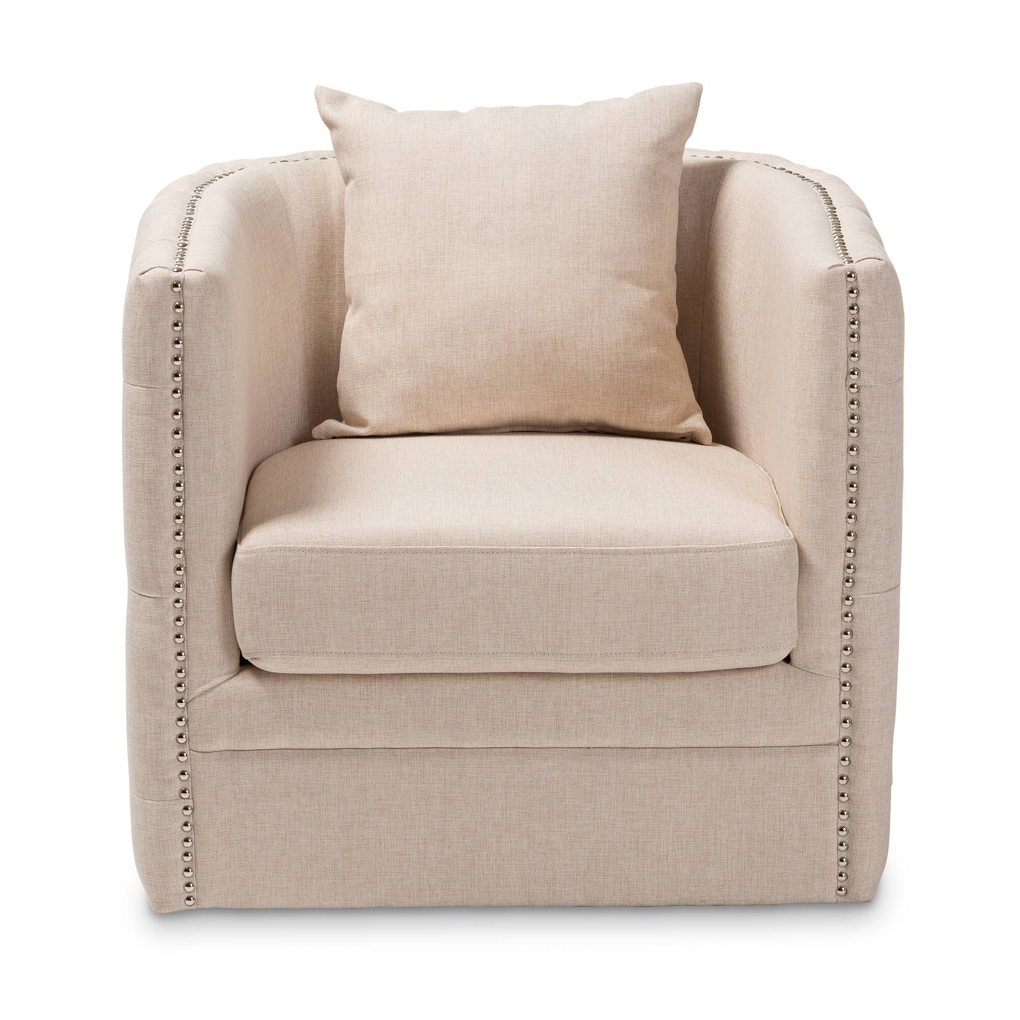 Angle. Baxton Studio - Micah Modern and Contemporary Fabric Upholstered Tufted Swivel Chair - Beige.