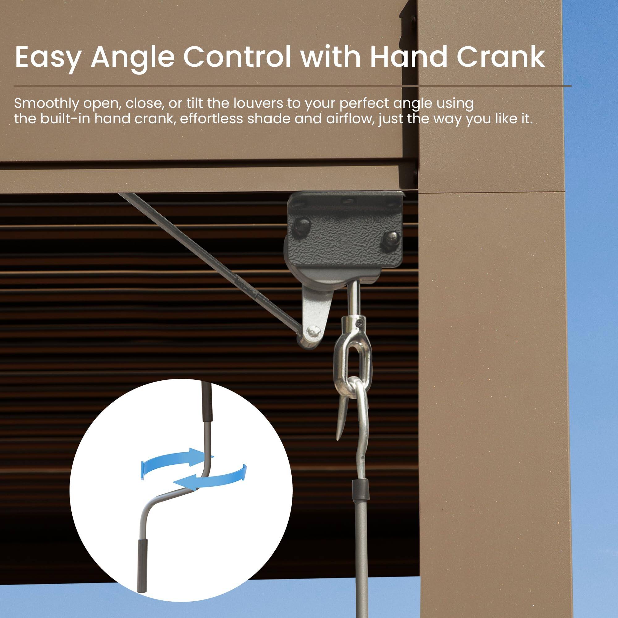 Easy Angle Control with Hand Crank

Smoothly open, close, or tilt the louvers to your perfect angle using the built-in hand crank, effortless shade and airflow, just the way you like it.