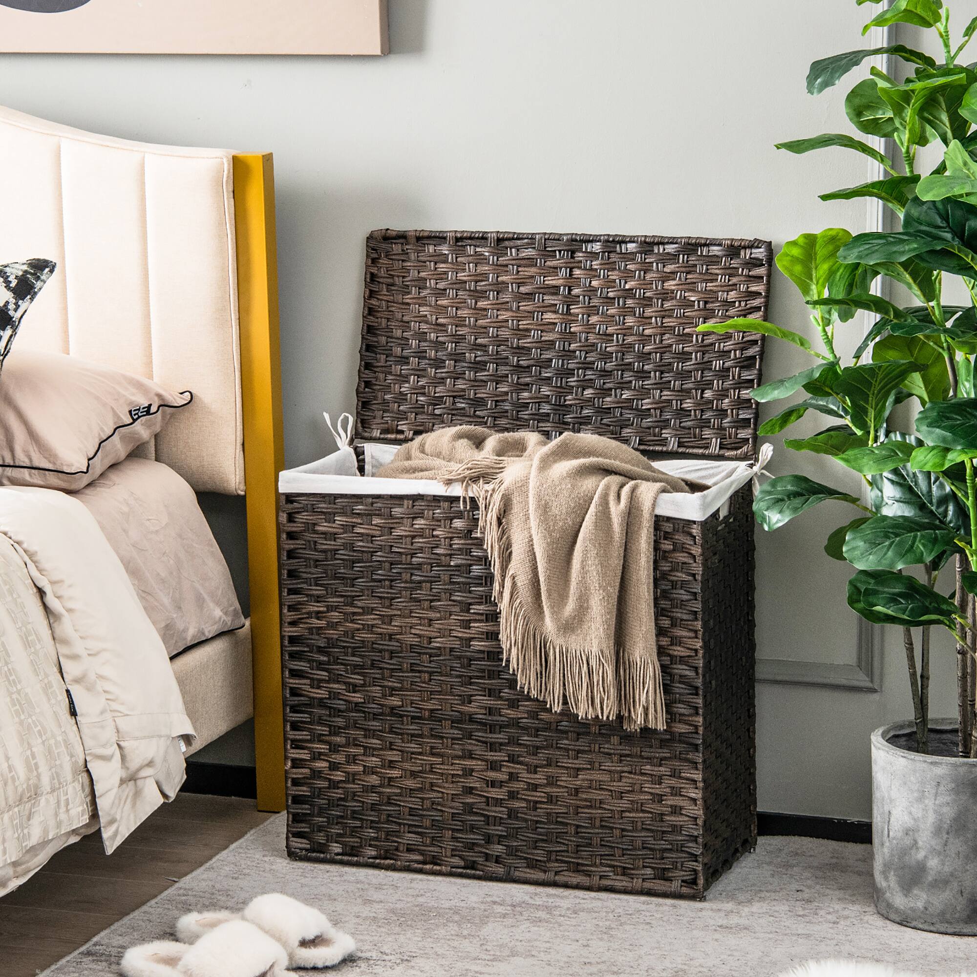 Alt View 14. Costway - 110L 3-Section Laundry Hamper w/Lid&Handle PE Rattan Clothes Hamper w/Liner Bag - Brown.