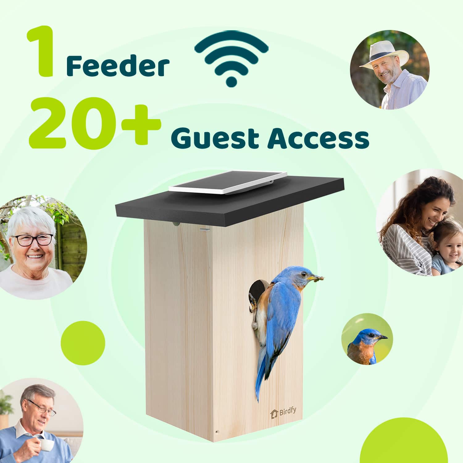 The text on the image reads "1 Feeder 20+ Guest Access Birdfy."