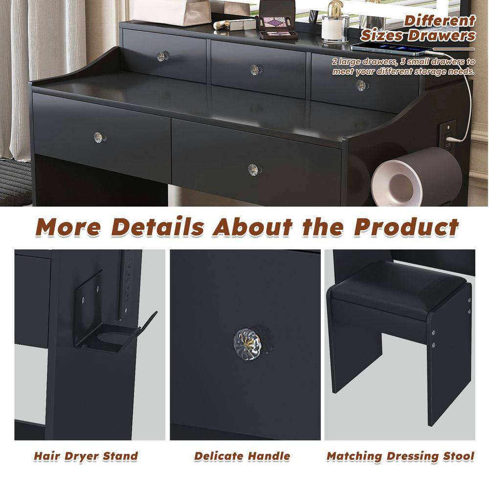 Different Sizes Drawers  
2 large drawers, 3 small drawers to meet your different storage needs.

More Details About the Product  
Hair Dryer Stand  
Delicate Handle  
Matching Dressing Stool