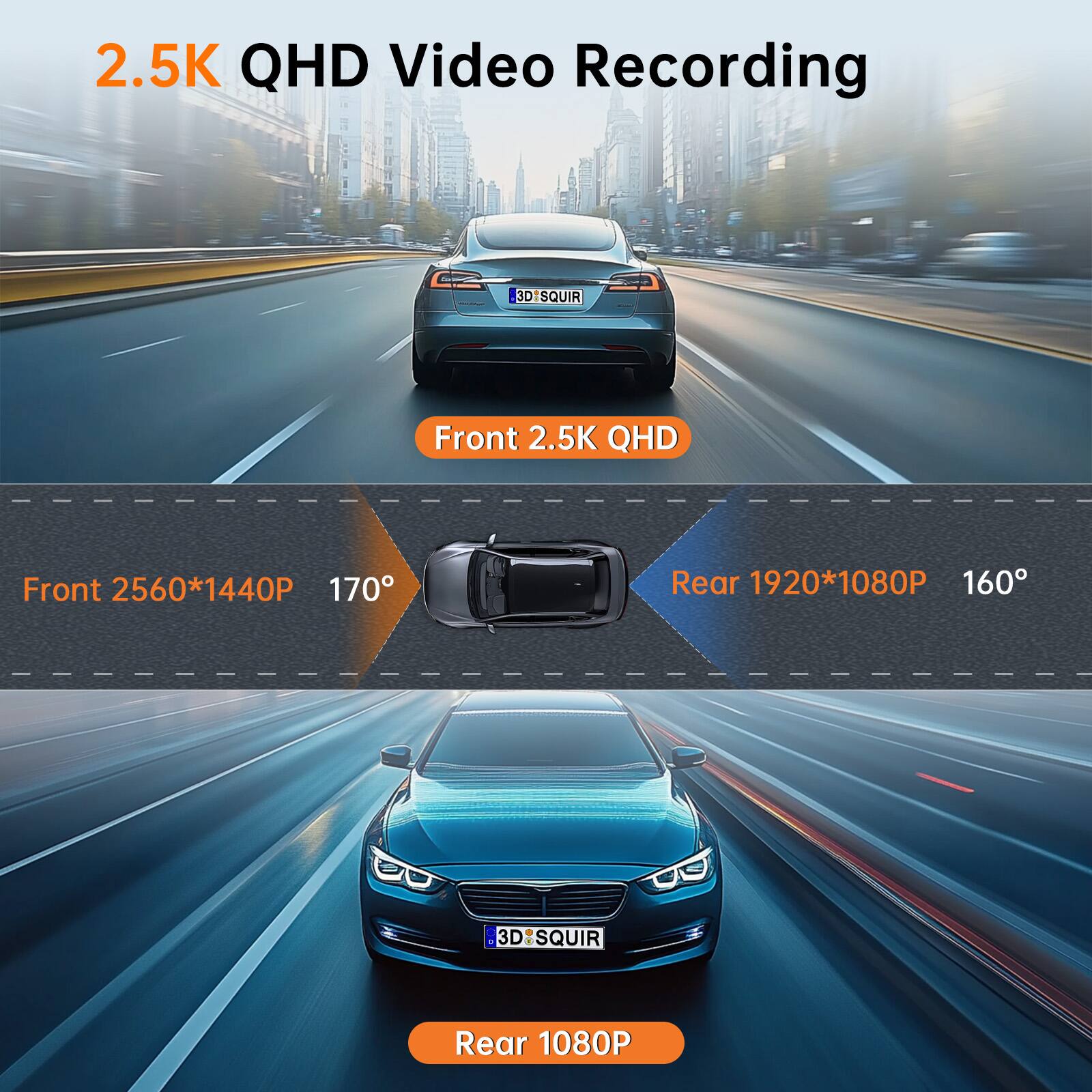 2.5K QHD Video Recording

Front 2.5K QHD
Front 2560*1440P 170°
Rear 1920*1080P 160°
Rear 1080P