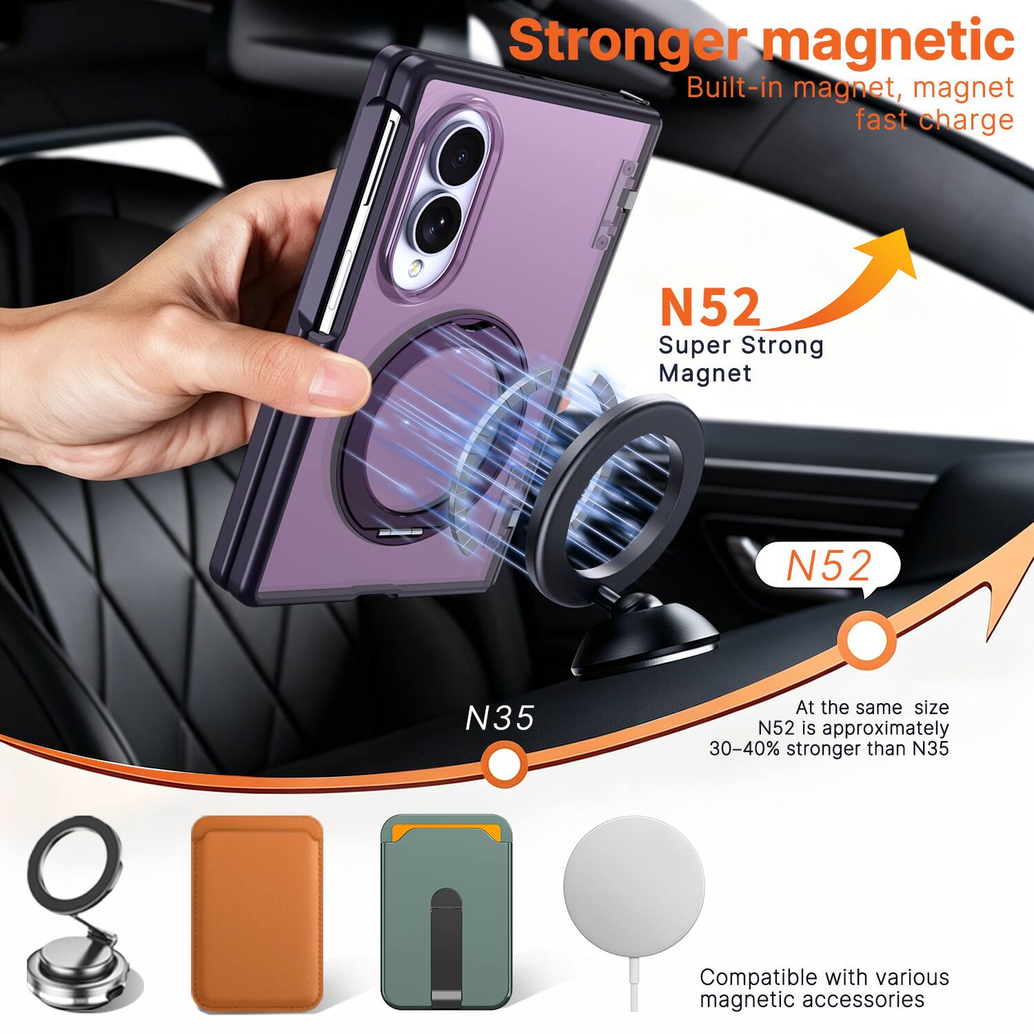 Stronger magnetic  
Built-in magnet, magnet fast charge

N52  
Super Strong Magnet

N52  
At the same size N52 is approximately 30-40% stronger than N35

Compatible with various magnetic accessories