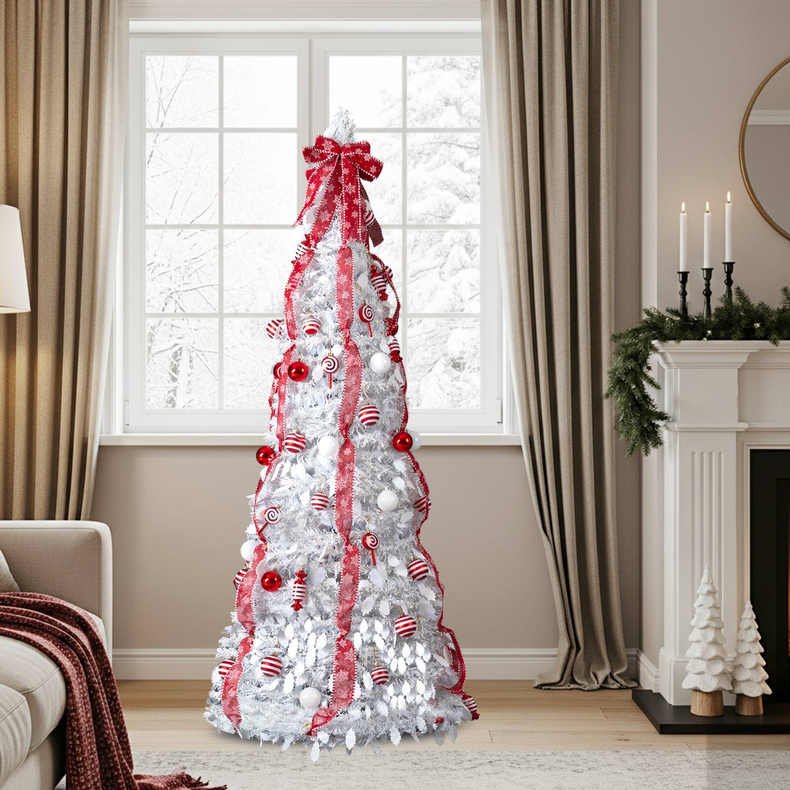 Alt View 3. VAVSEA - 6 ft Fully Decorated Pre-Lit Pop Up Christmas Tree with 100 Warm Lights & Red Ornaments for Holiday Decor, White - White.