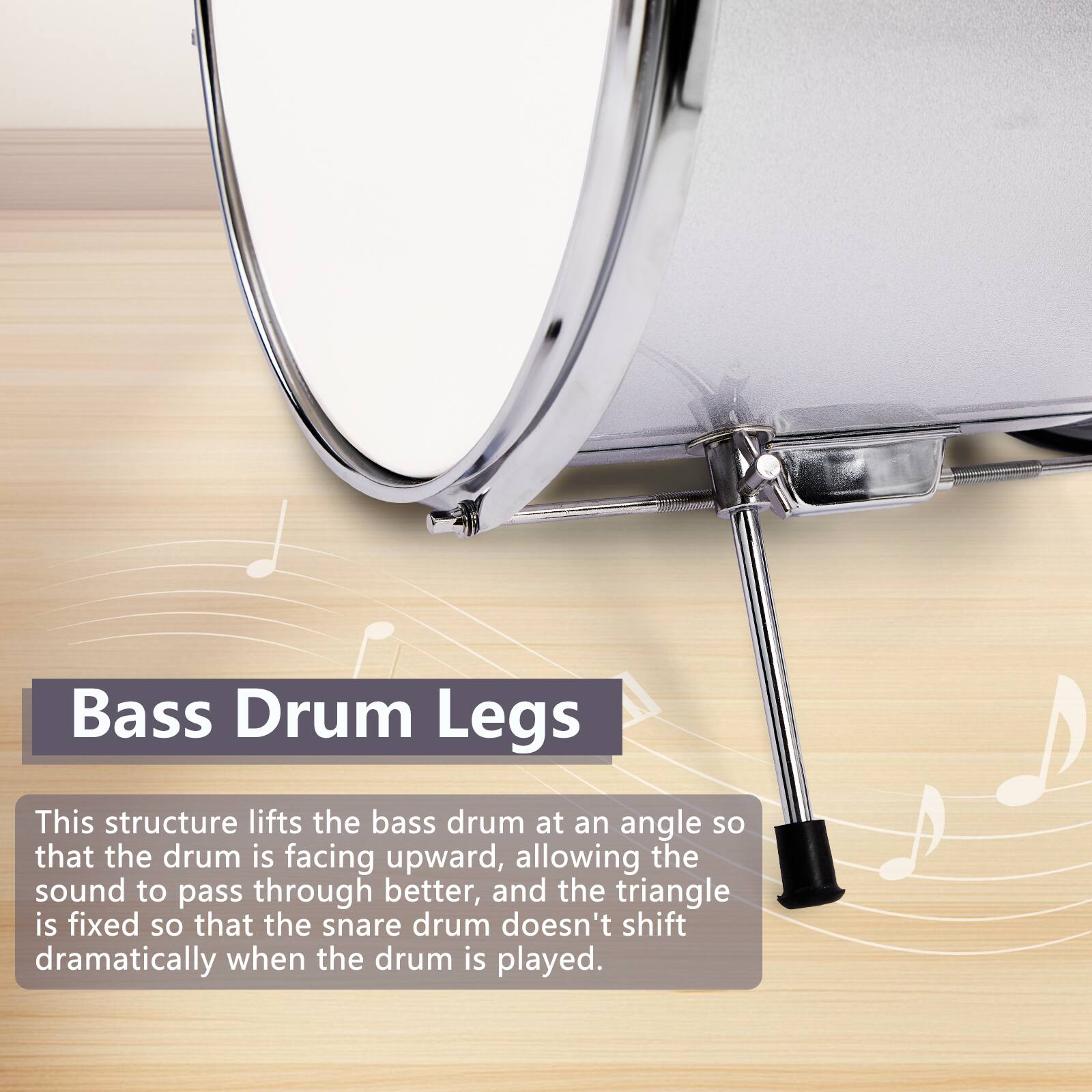 Bass Drum Legs

This structure lifts the bass drum at an angle so that the drum is facing upward, allowing the sound to pass through better, and the triangle is fixed so that the snare drum doesn't shift dramatically when the drum is played.