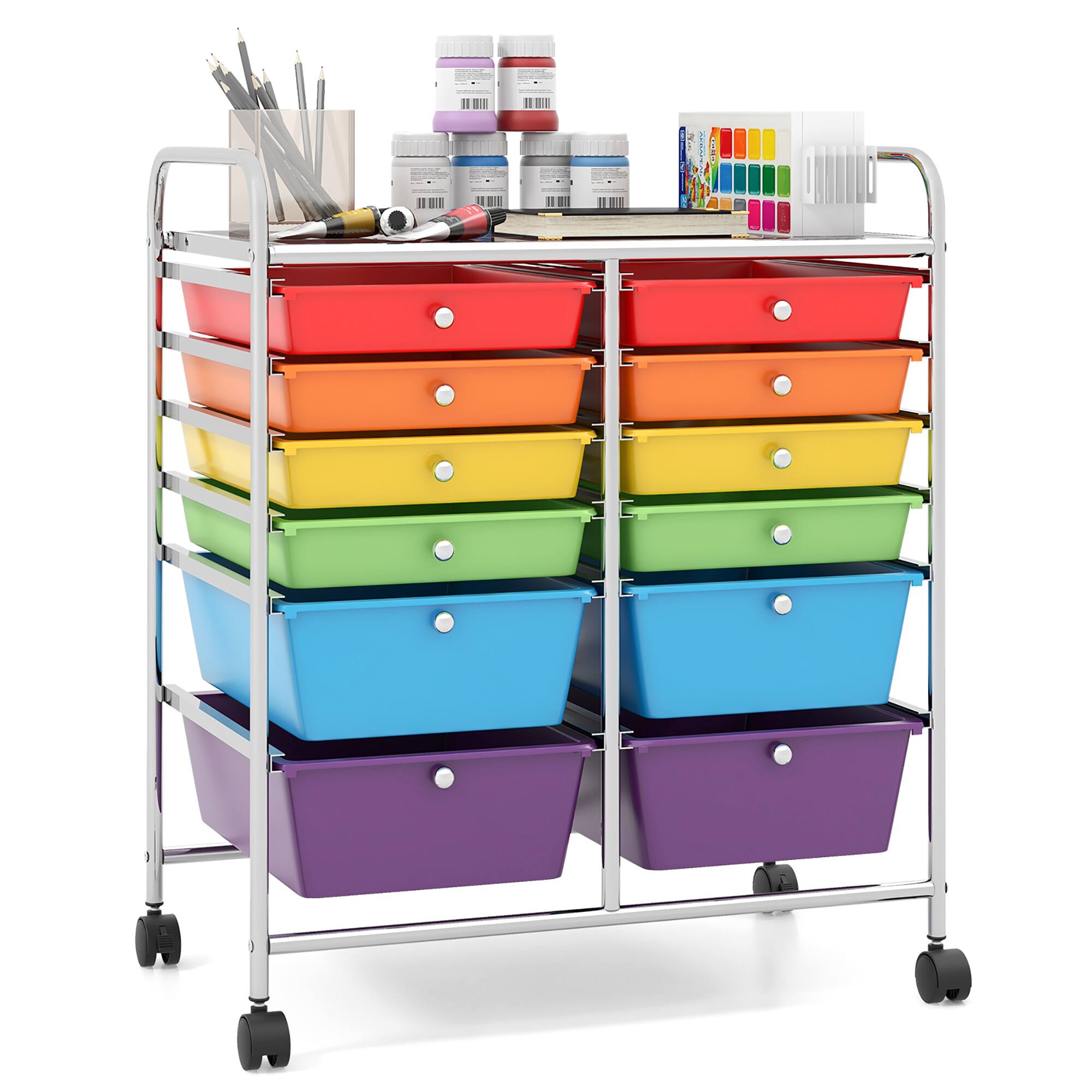 Gymax - Office Rolling Cart 12 Storage Drawer Studio Organizer Bins Scrapbook Paper - Multicolor